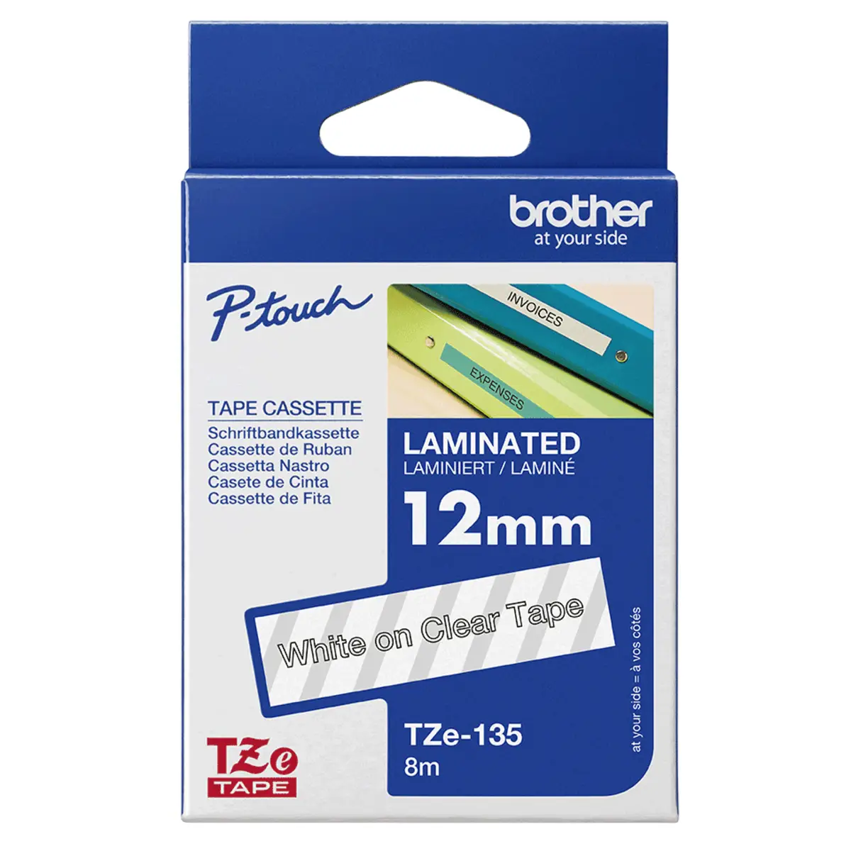 Schriftband TZE135 12mmx8m weiß auf transparent