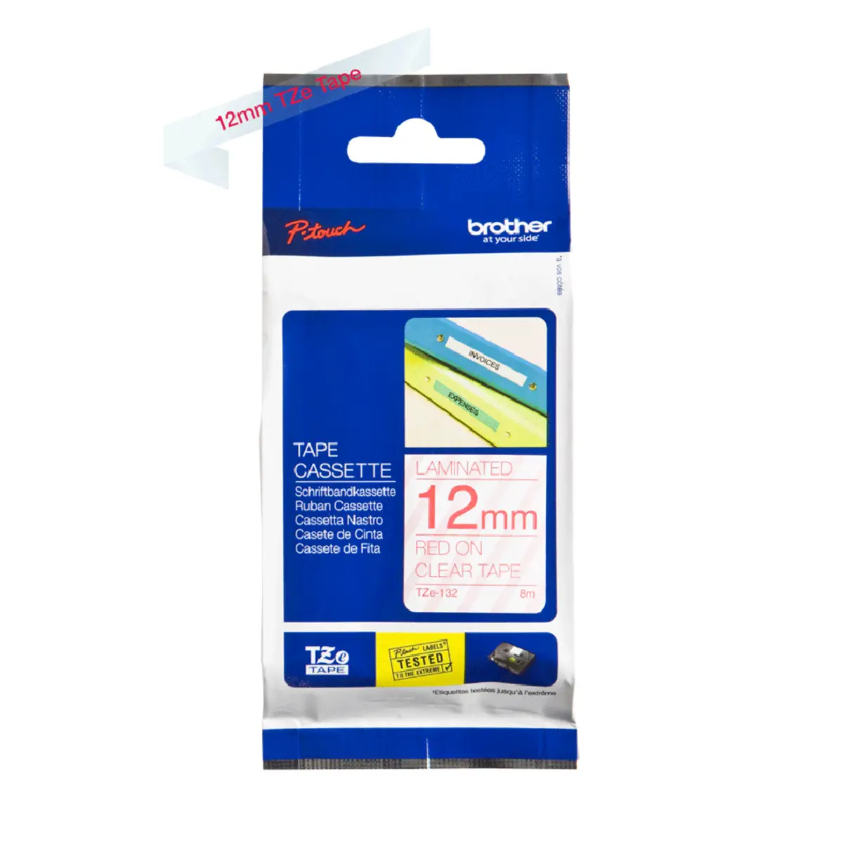 TZE132 Schriftbandkassette rot auf durchsichtig für P-Touch GL-H105, PT-1080, 1230, 1280, 1290, 1830, 2430, 2470, 2730, 7500, 7600, 9700, 9800