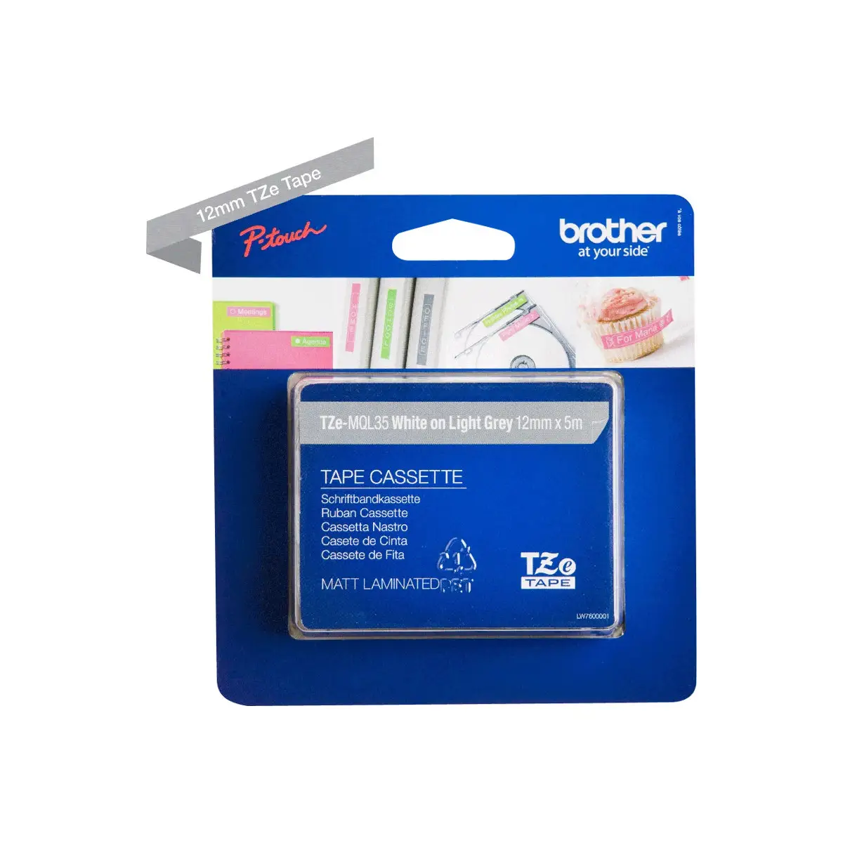 Bredher TZe-MQL35 bandcassette white to brightgrey for P-Touch PT-1010, 1080, 1090, 1230, 1290, 2110, 2430, 7100, 7