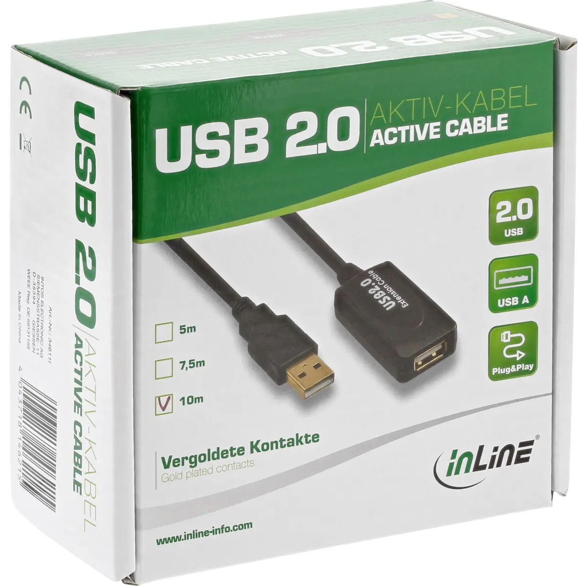 USB 2.0 active-extension A/A plug/socket 25m black
