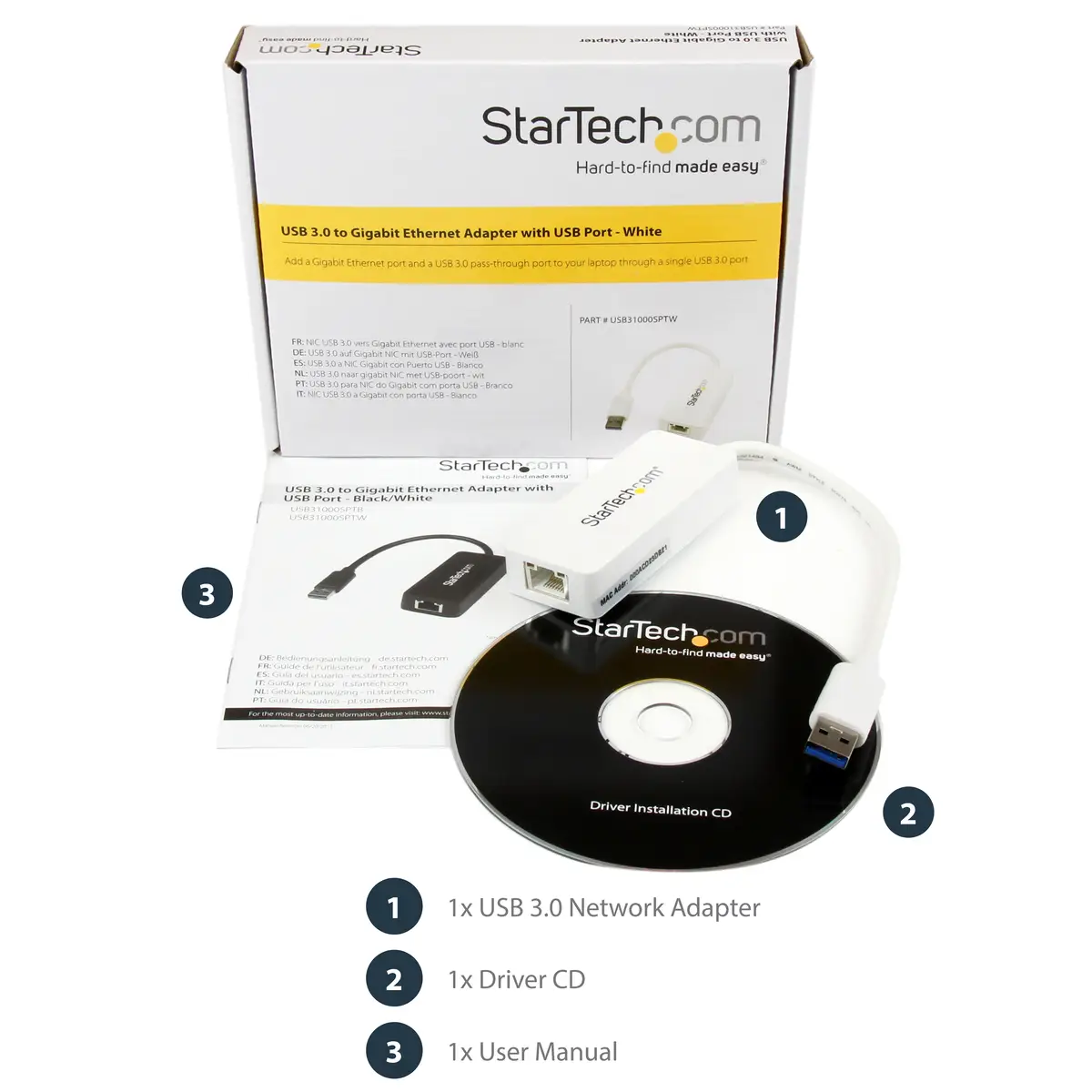 StarTech USB 3.0 Gigabit Ethernet LAN adaptor with USB Port white