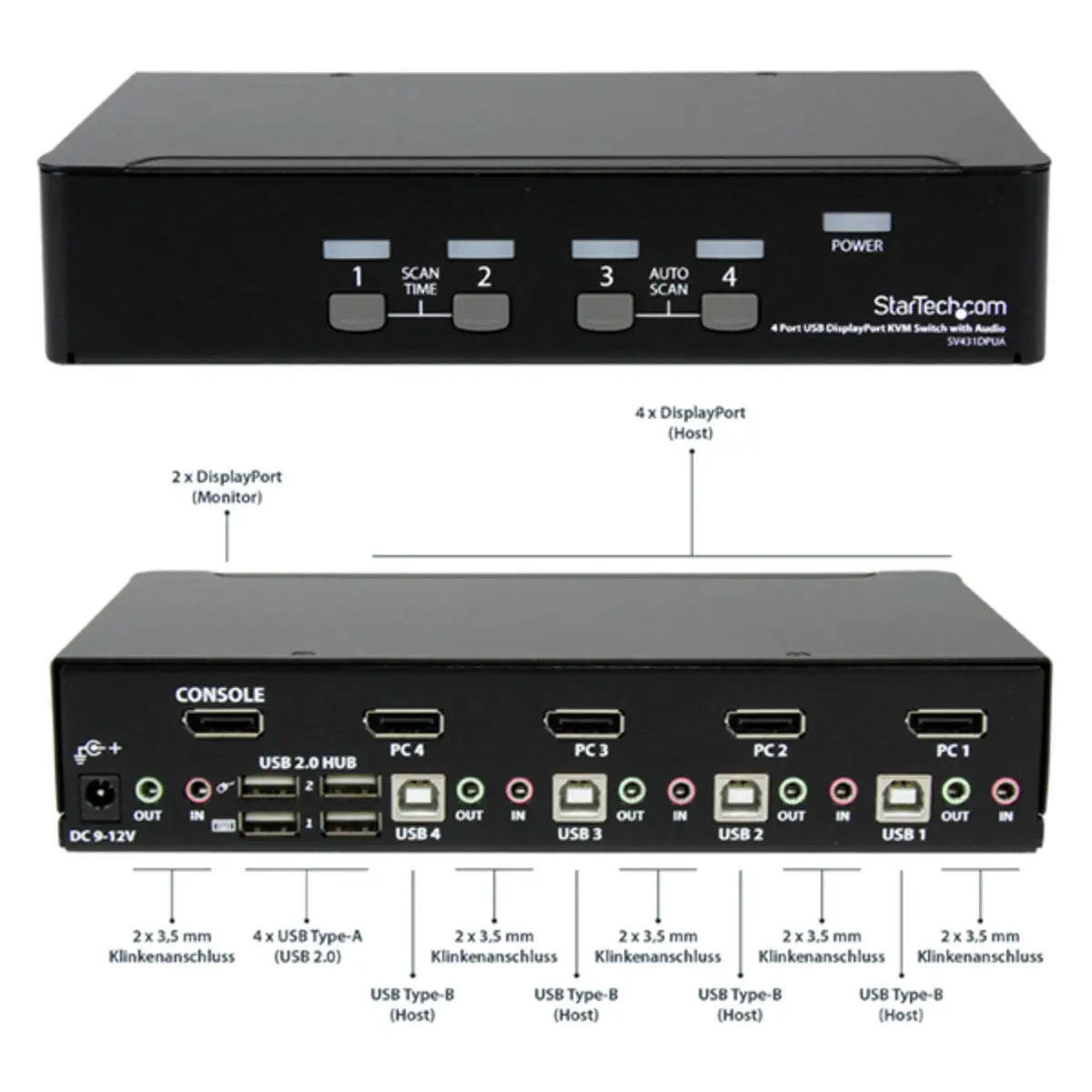 DisplayPort USB KVM Switch/Umschalter mit Audio 4 Port