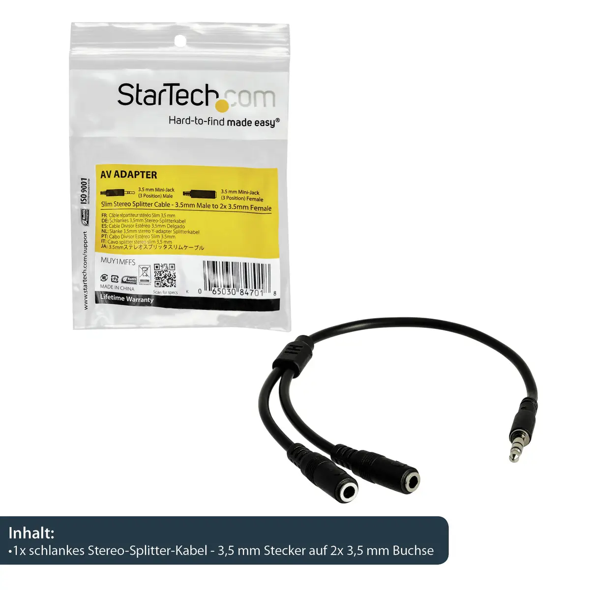 3.5mm Klinke Y-Splitter Kabel Stecker/Buchse schwarz 0,2m