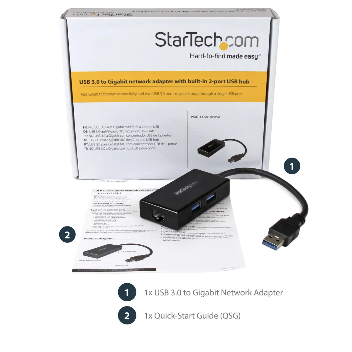USB 3.0 auf Gigabit Netzwerk Adapter mit 2 Port USB Hub Schwarz