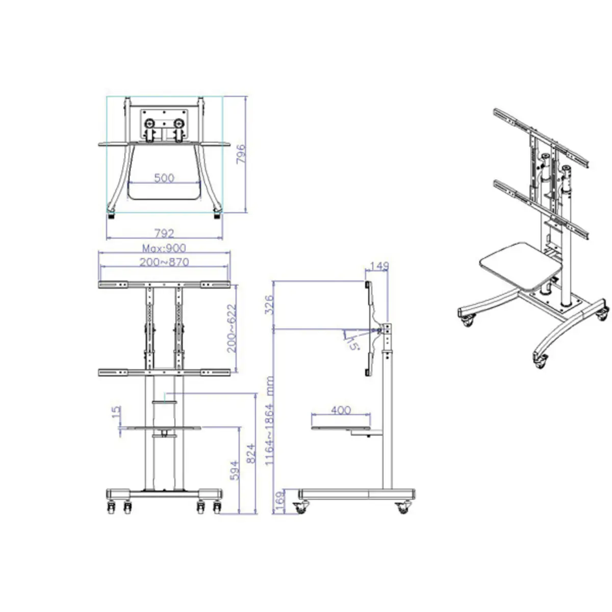 LCD-/TV-Rollständer bis 125kg (32" bis 100") Schwarz