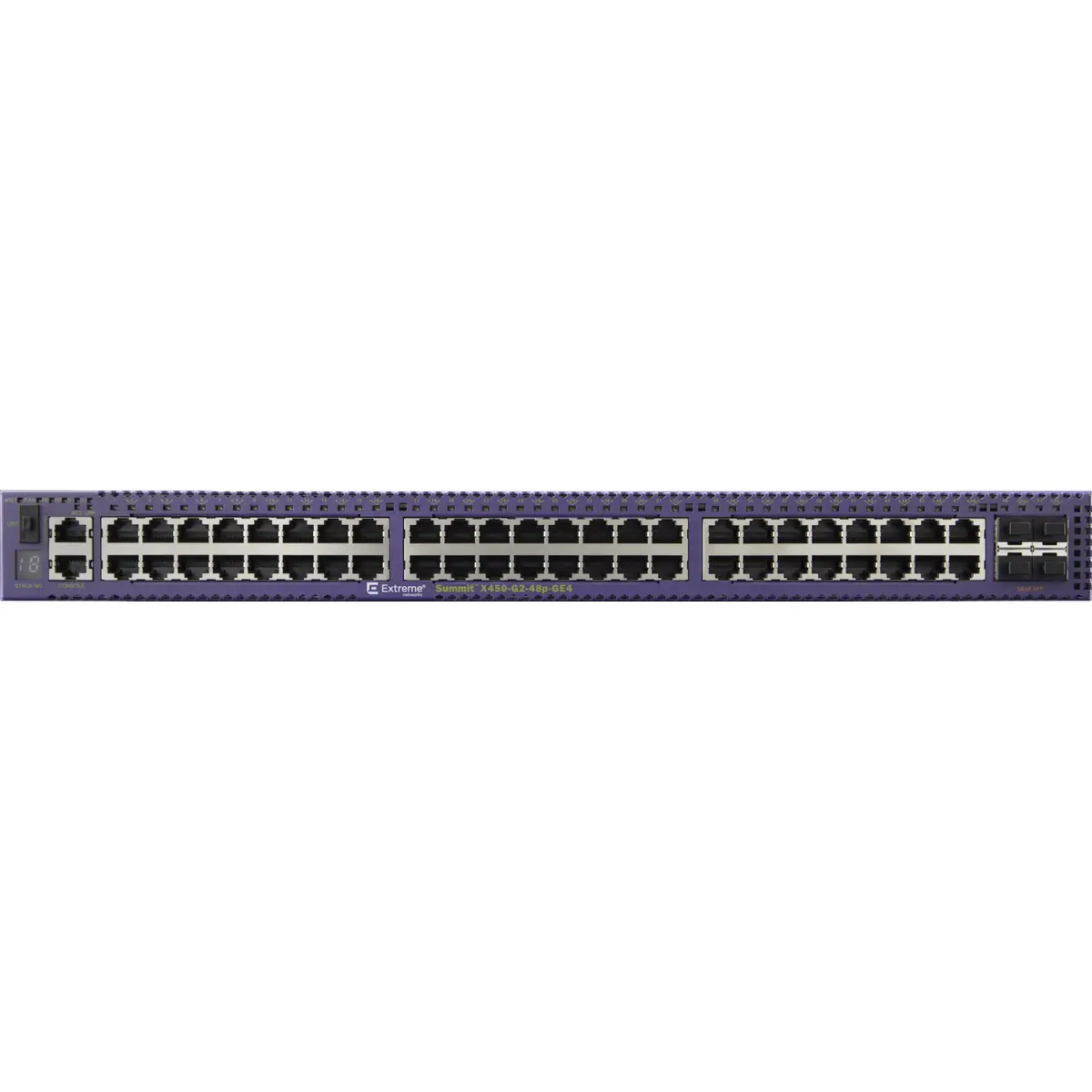 Summit X450-G2 48 10/100/1000BASE-T POE+ 4 1000BASE-X unpopulated SFP two 21Gb stacking ports 2 unpopulated power supply slots fan module slot (unpopulated) ExtremeXOS Edge license
