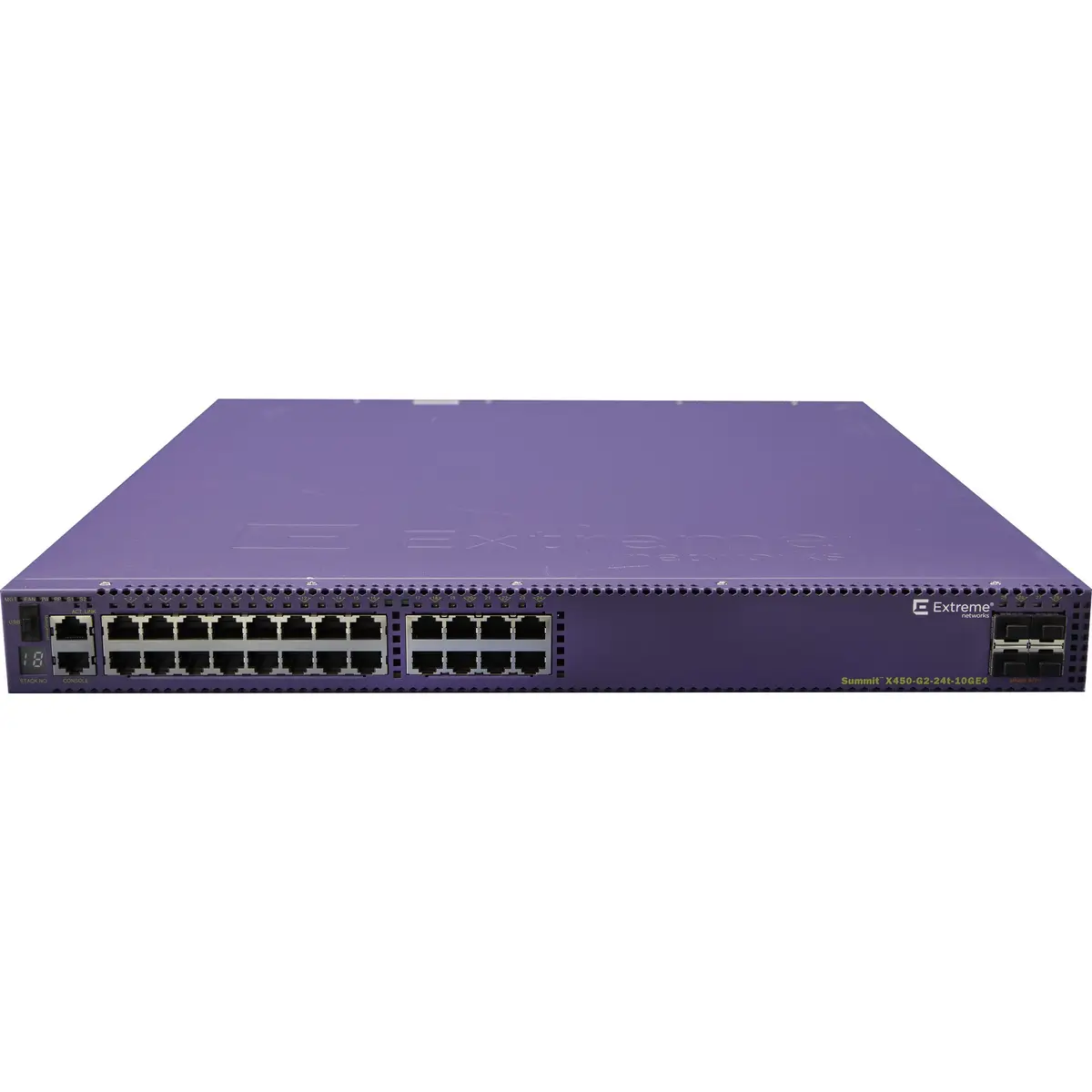 Summit X450-G2 24 10/100/1000BASE-T 4 10GBASE-X unpopulated SFP+ two 21Gb stacking ports 1 Fixed AC PSU 1 RPS port fan module slot (unpopulated) ExtremeXOS Edge license