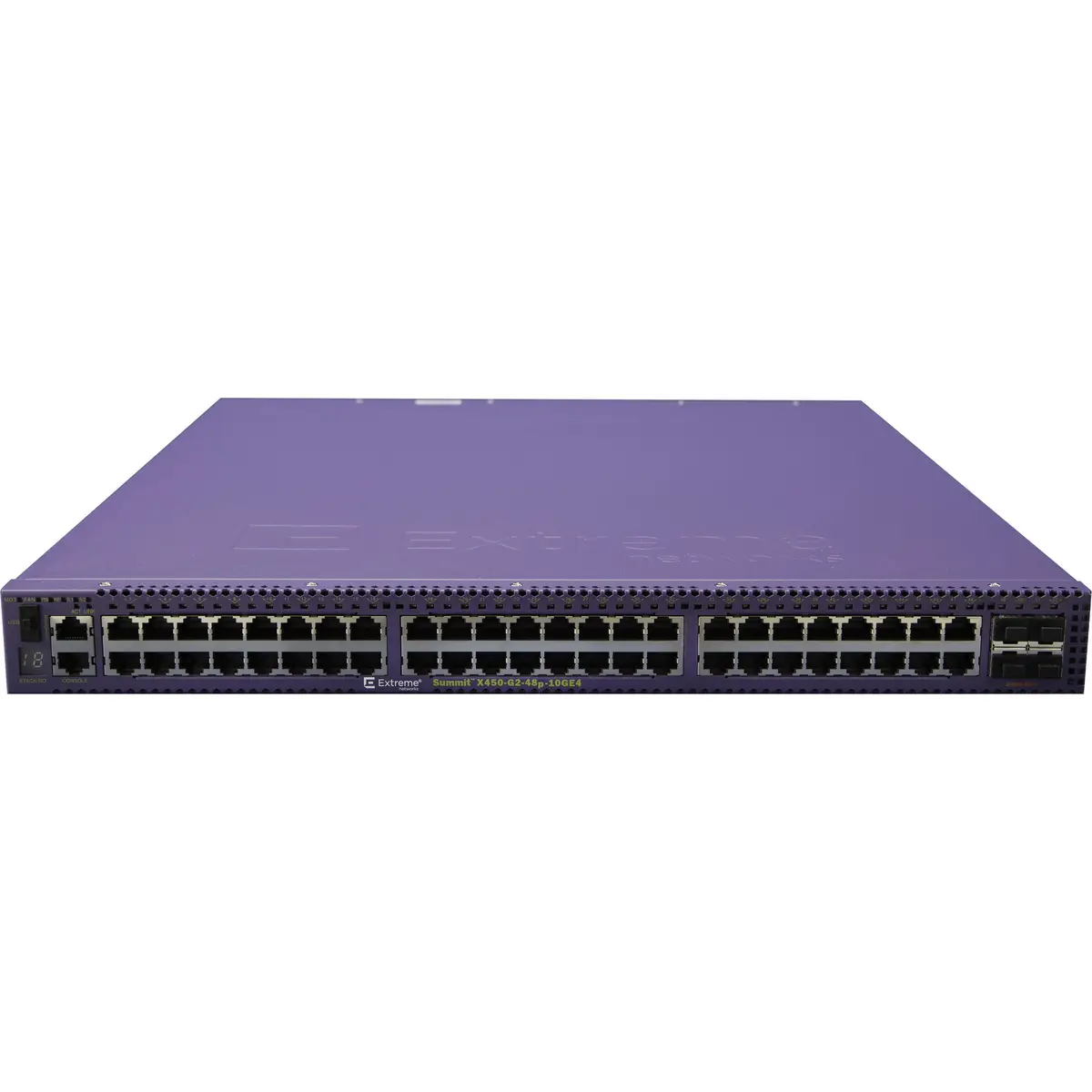 Summit X450-G2 48 10/100/1000BASE-T POE+ 4 10GBASE-X unpopulated SFP+ two 21Gb stacking ports 2 unpopulated power supply slots fan module slot (unpopulated) ExtremeXOS Edge license