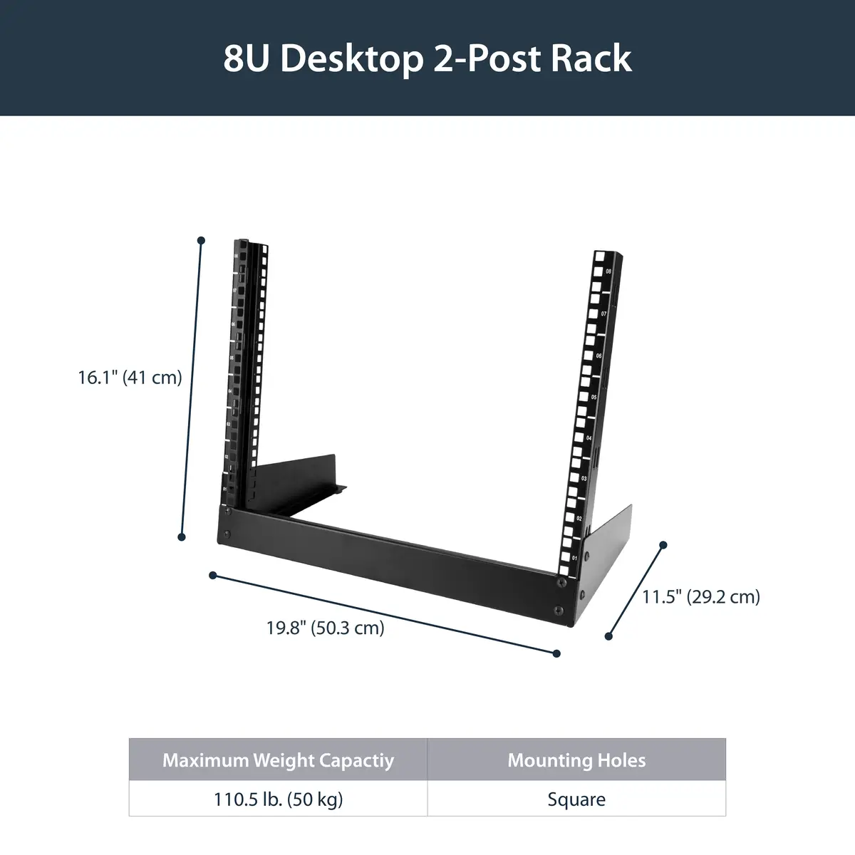 RK8OD Desktop Rack 8 HE 2 Post Open Frame Rack Schwarz