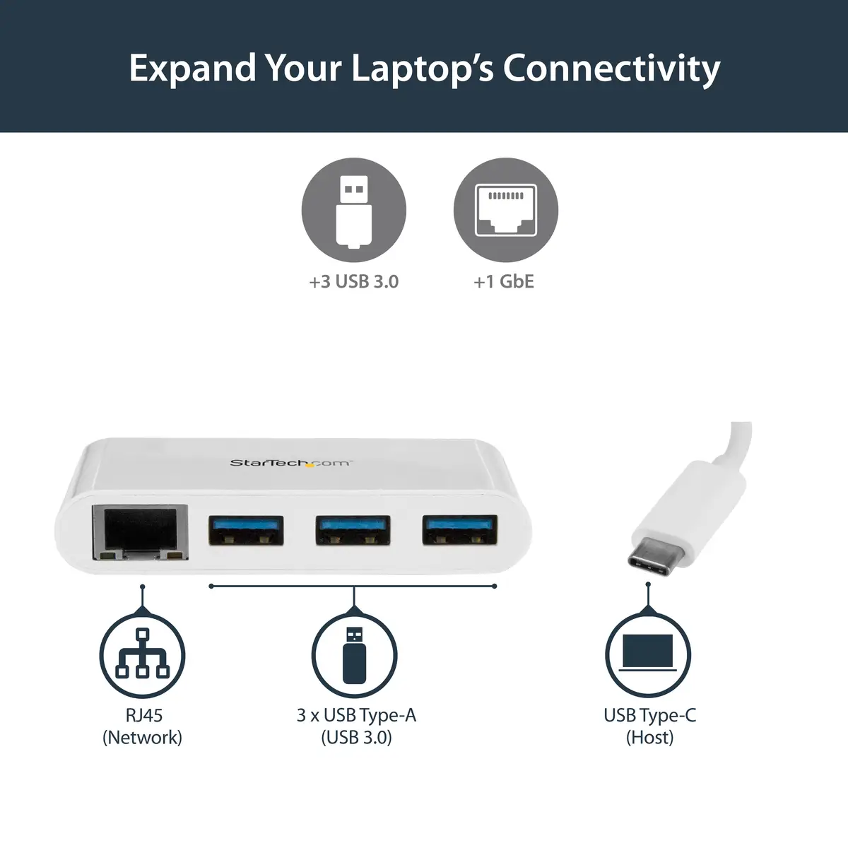 StarTech 3 Port USB 3.0 Hub plus Gigabit Ethernet white