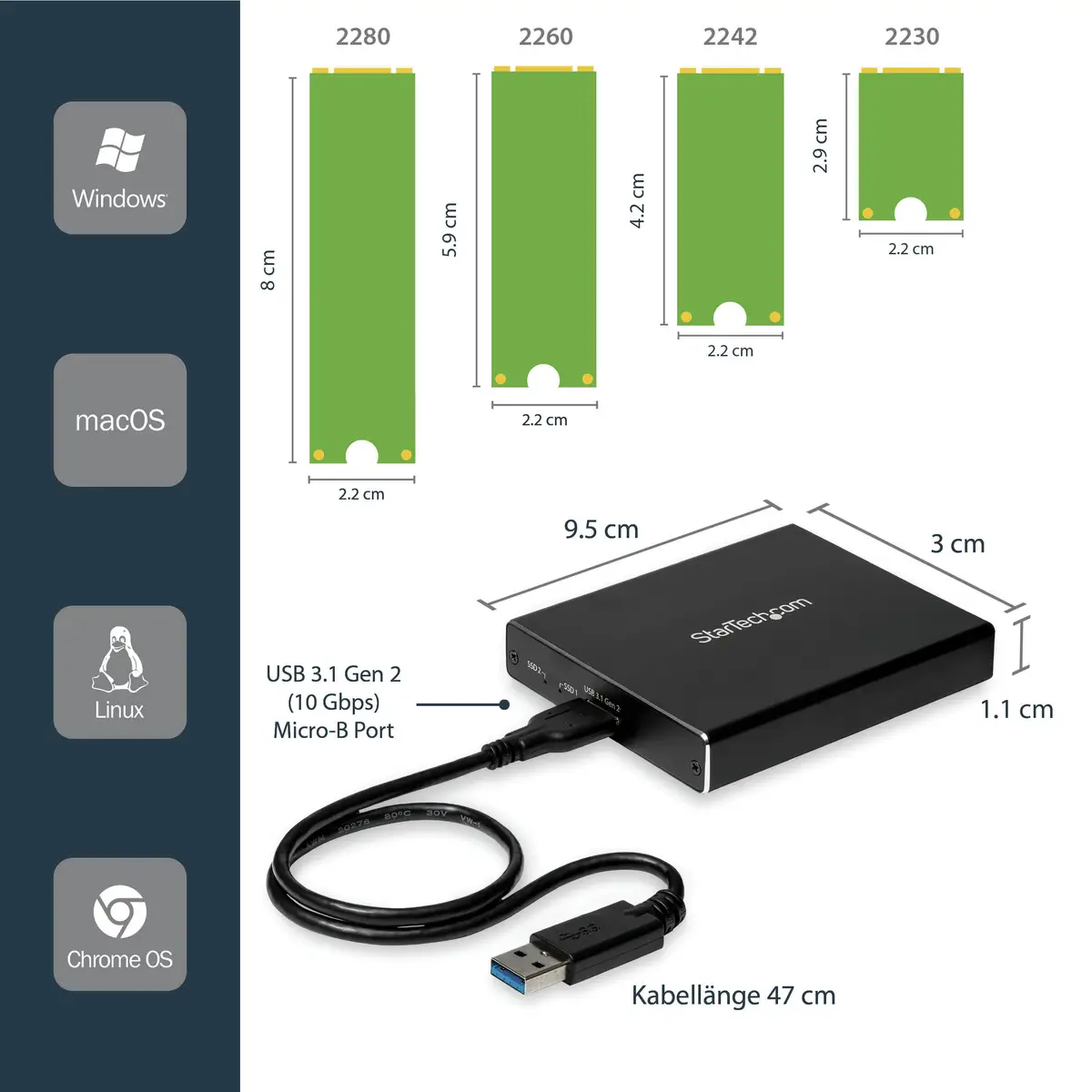 Dual Slot Festplattengehäuse für M.2 SATA SSDs - USB 3.1 (10Gbit/s) - RAID