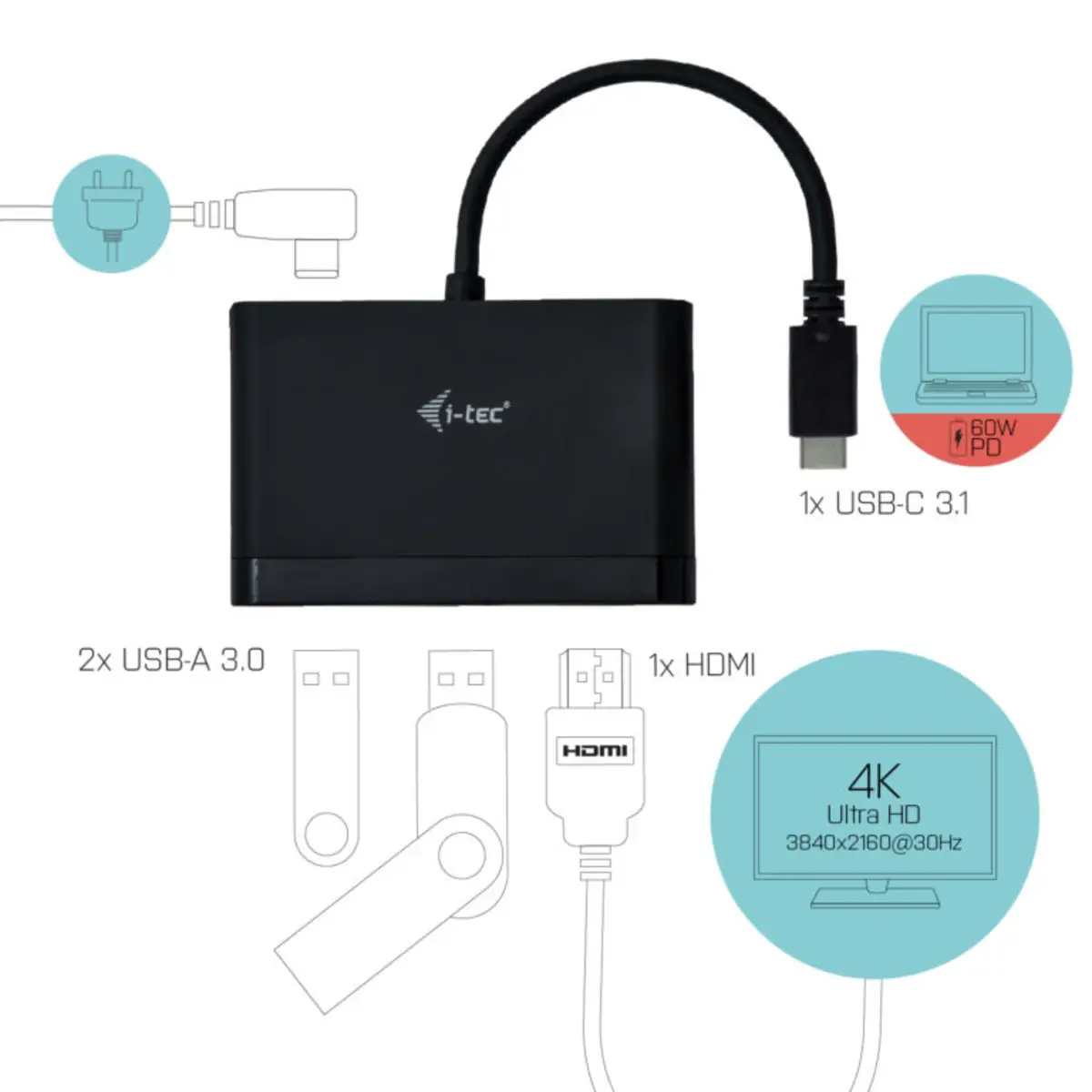 i-tec USB-C Travel Adapter 1x HDMI, 2x USB 3.0, 1x USB-C PD/Data