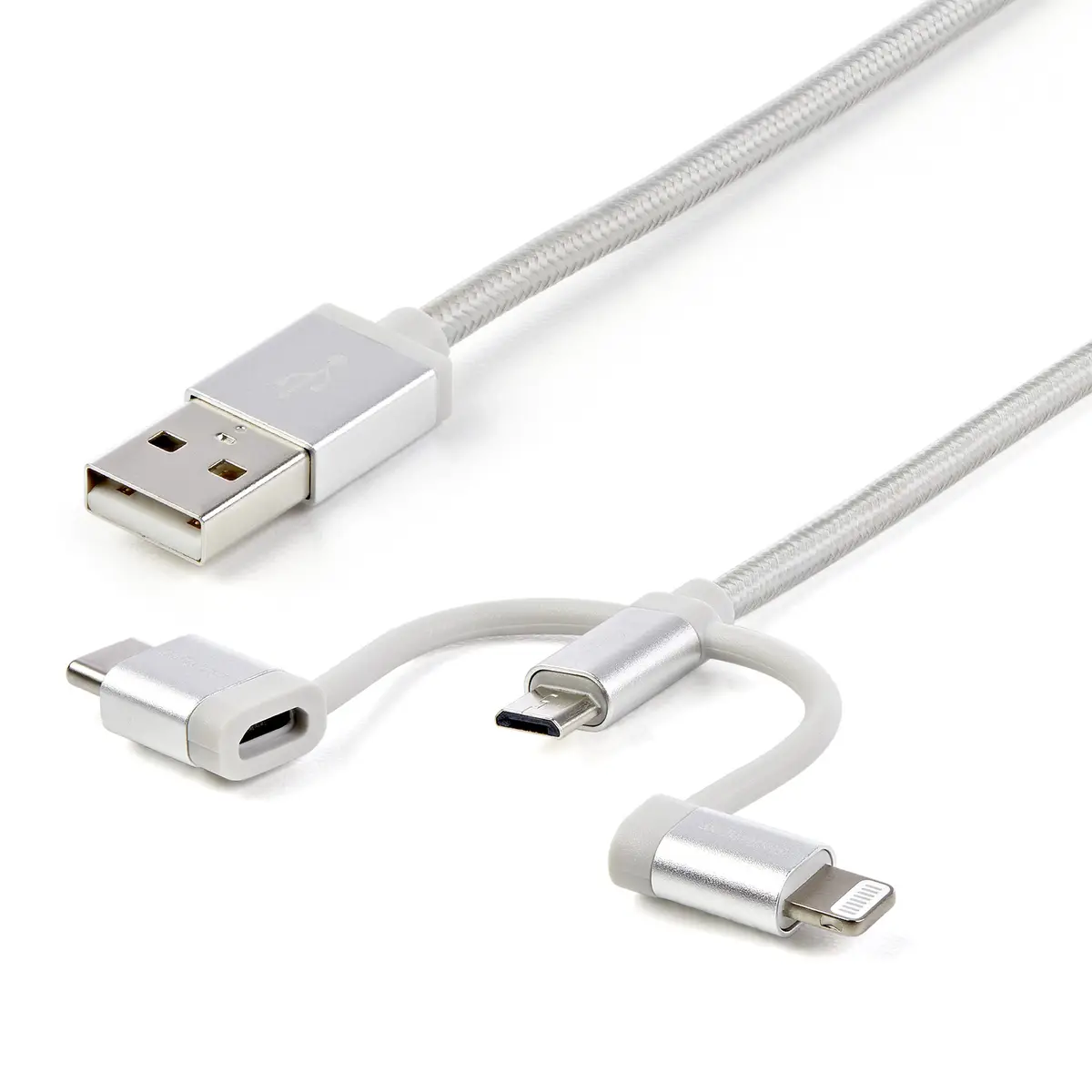 3-in-1 USB Ladekabel Lighting/USB-C/Micro-USB Silber 1m