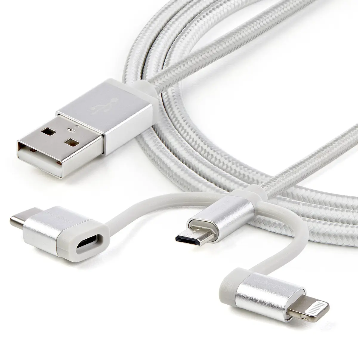 3-in-1 USB Ladekabel Lighting/USB-C/Micro-USB Silber 1m