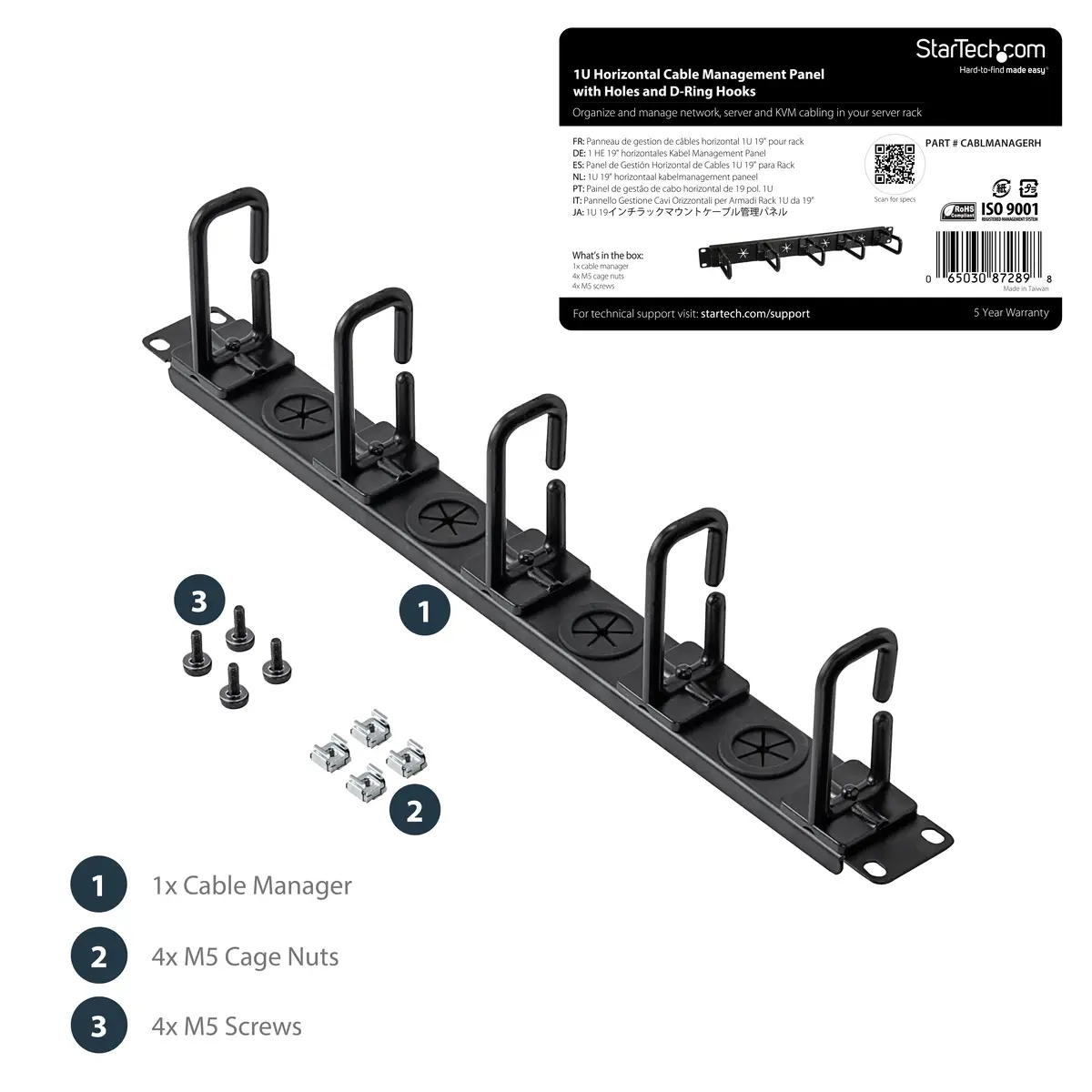 Kabelmanagement Panel für Server Rack D-Ringe Kabelführungssatz 1U 48.3 cm (19")