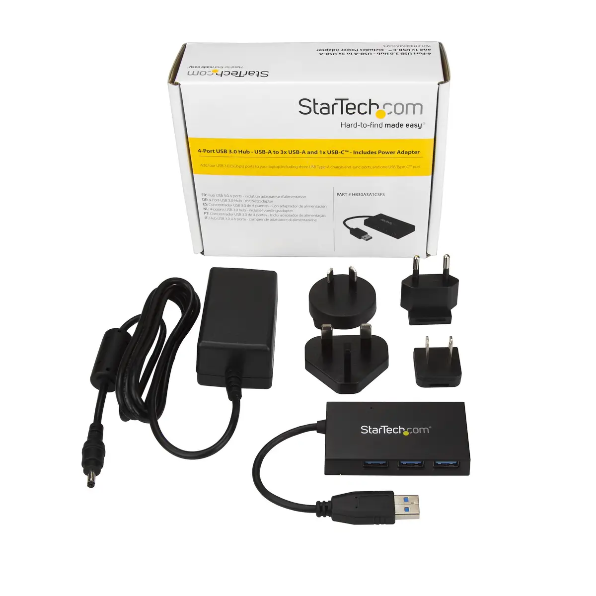 4 Port USB Hub inkl. Netzteil USB-A/3xUSB-A, USB-C Schwarz