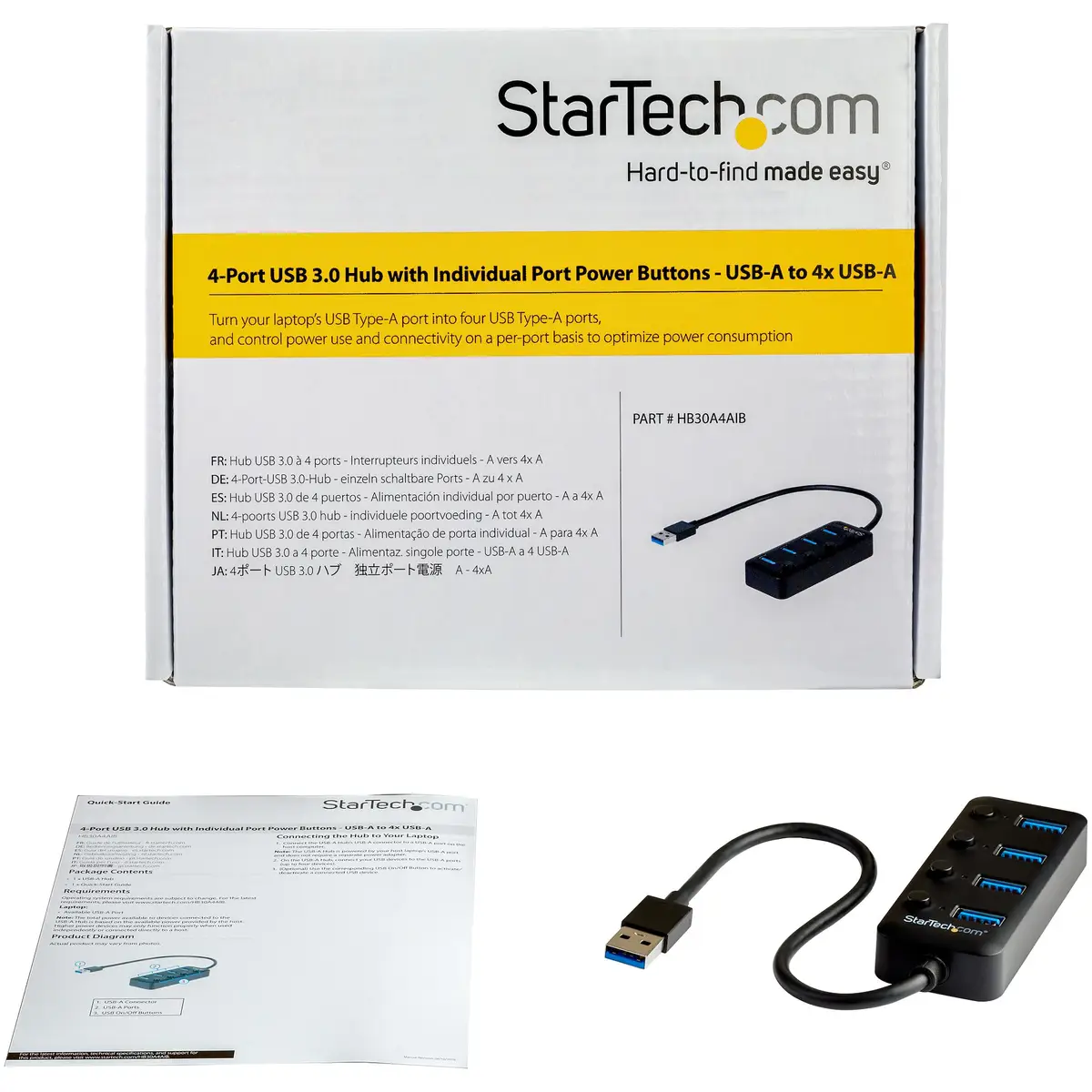 4 Port USB Hub mit individuellen An/Aus-Schalter USB-A/4xUSB-A Schwarz