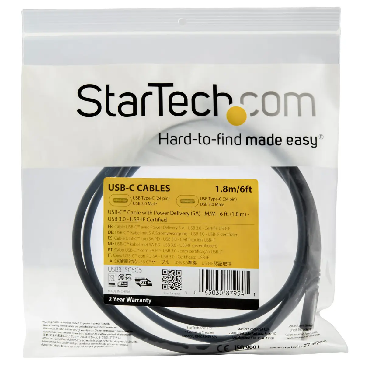 USB Kabel USB-C/USB-C Männlich/Männlich Schwarz 1,8m