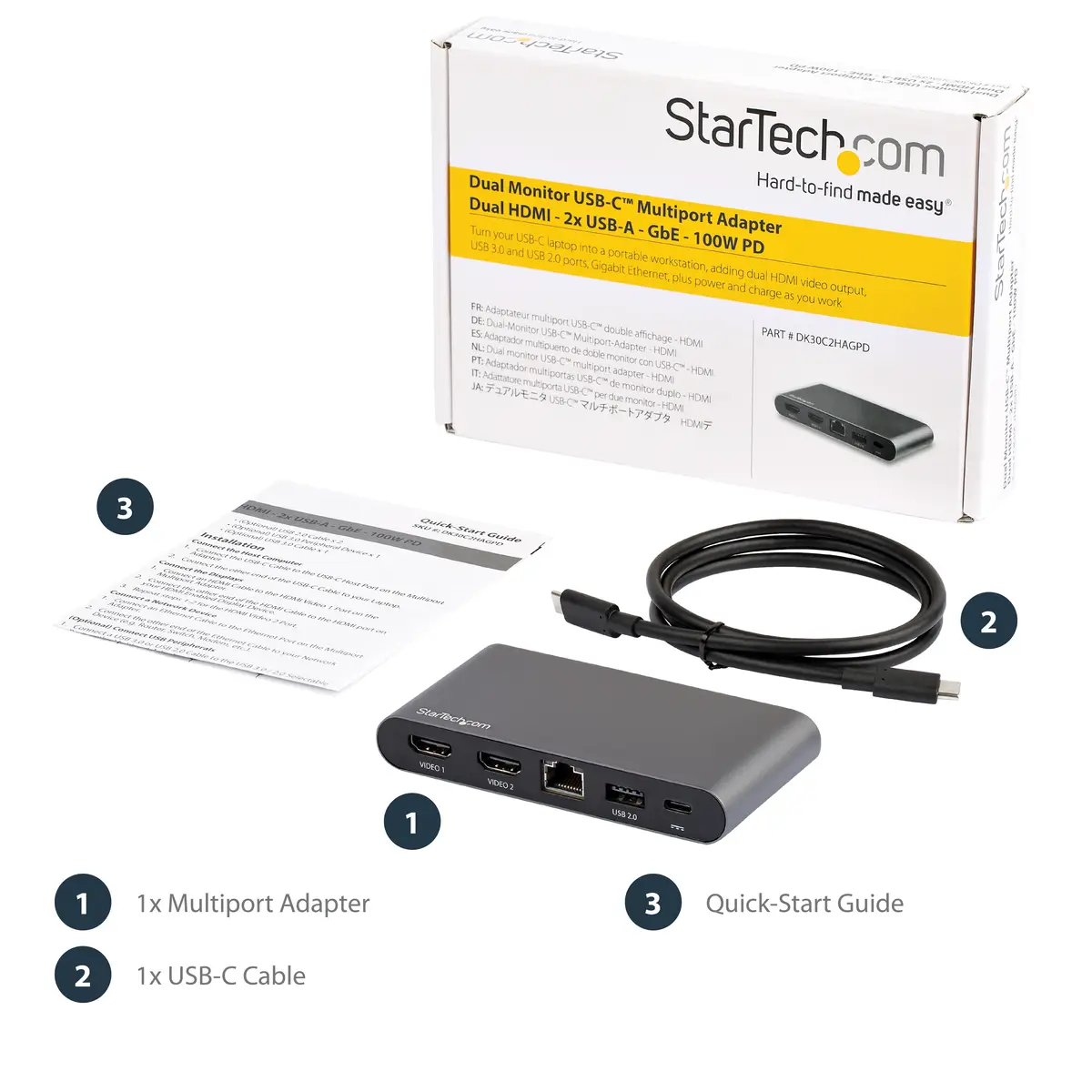 Dual Monitor USB-C Multiport Adapter 2xHDMI/GigE/USB-A