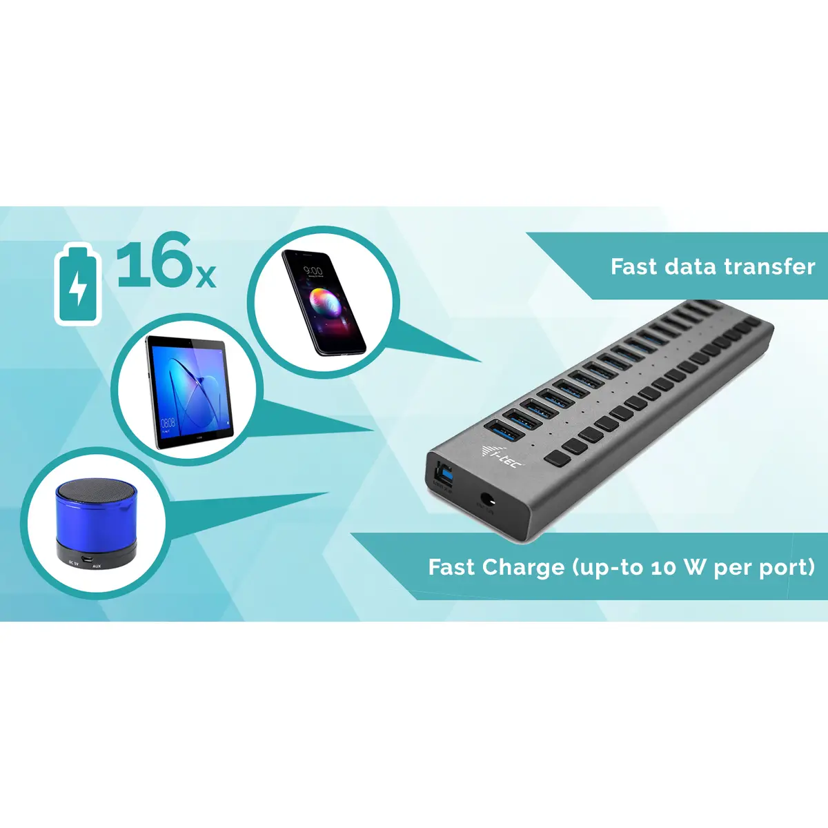I-TEC USB 3.0 Charging HUB 16x USB Ladeport mit externem Netzadapter 90W