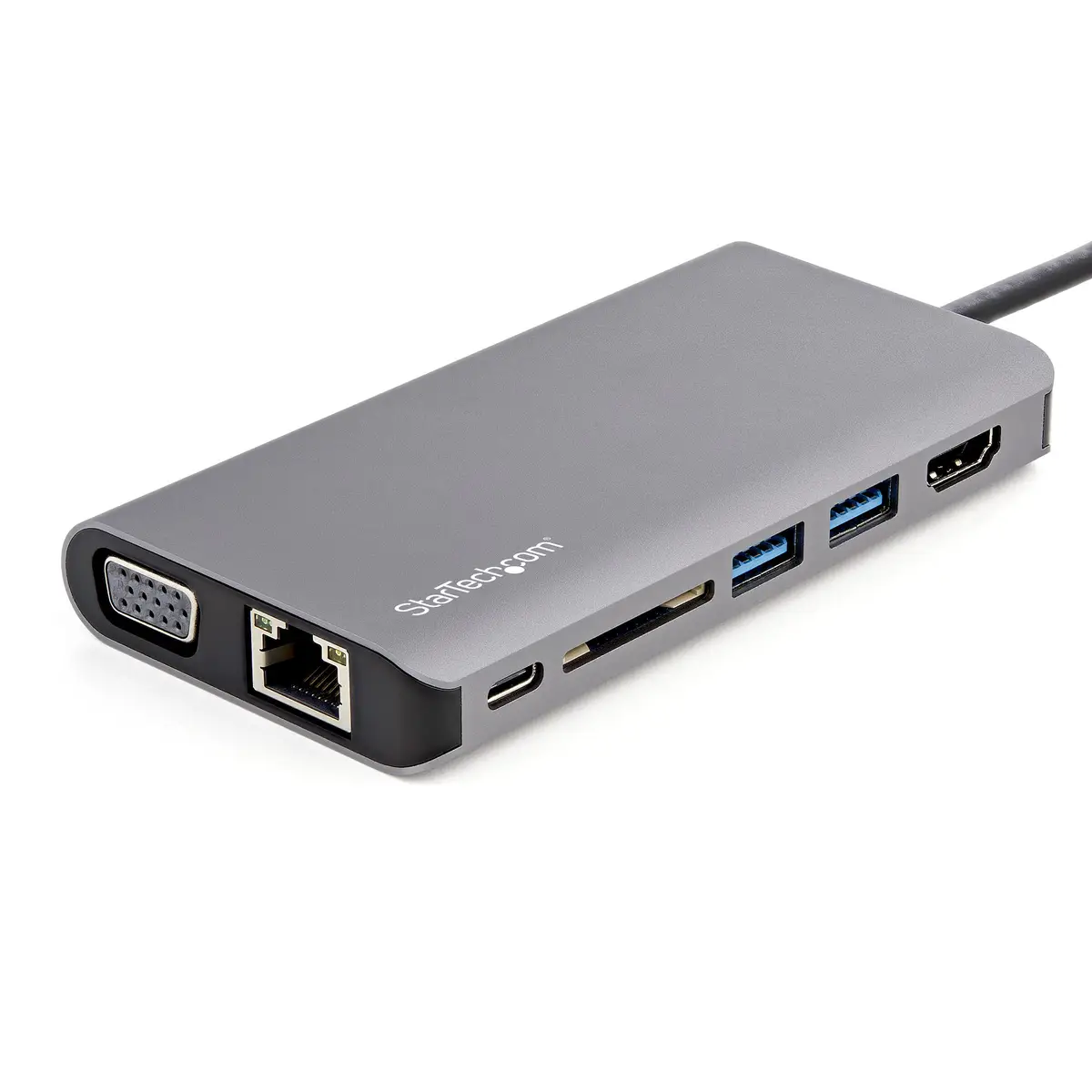 USB-C-Multiport-Adapter mit HDMI oder VGA und längerem angeschlossenen Kabel