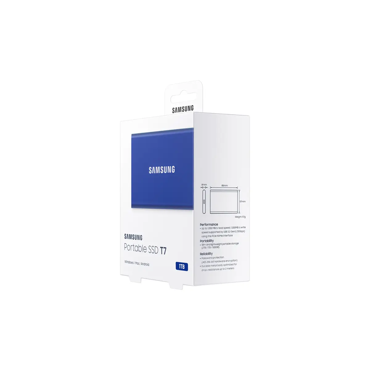 Portable SSD T7, 1 TB, USB Typ-C, 3.2 Gen 2 (3.1 Gen 2), 1050 MB/s, Passwortschutz, Blau