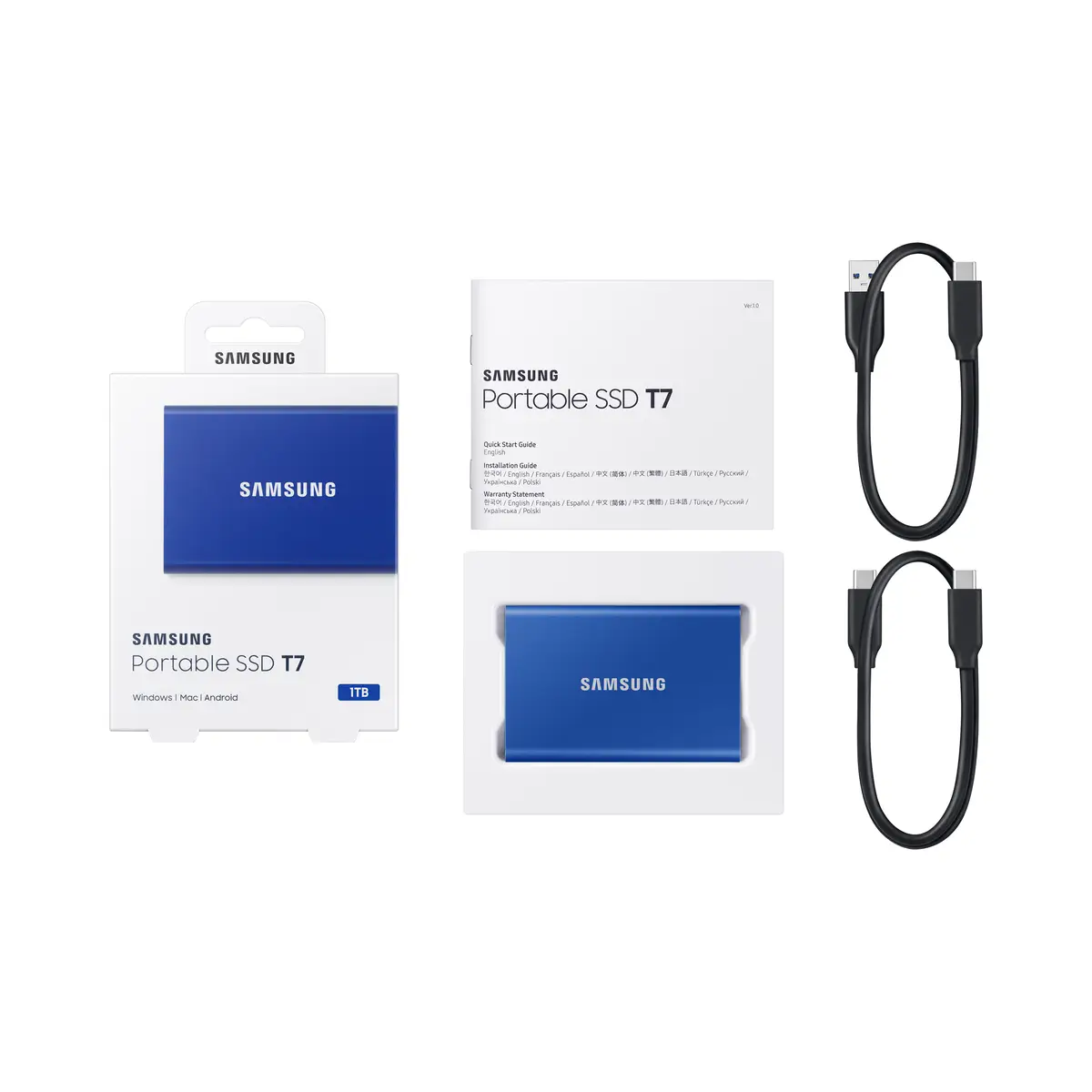 Portable SSD T7, 1 TB, USB Typ-C, 3.2 Gen 2 (3.1 Gen 2), 1050 MB/s, Passwortschutz, Blau