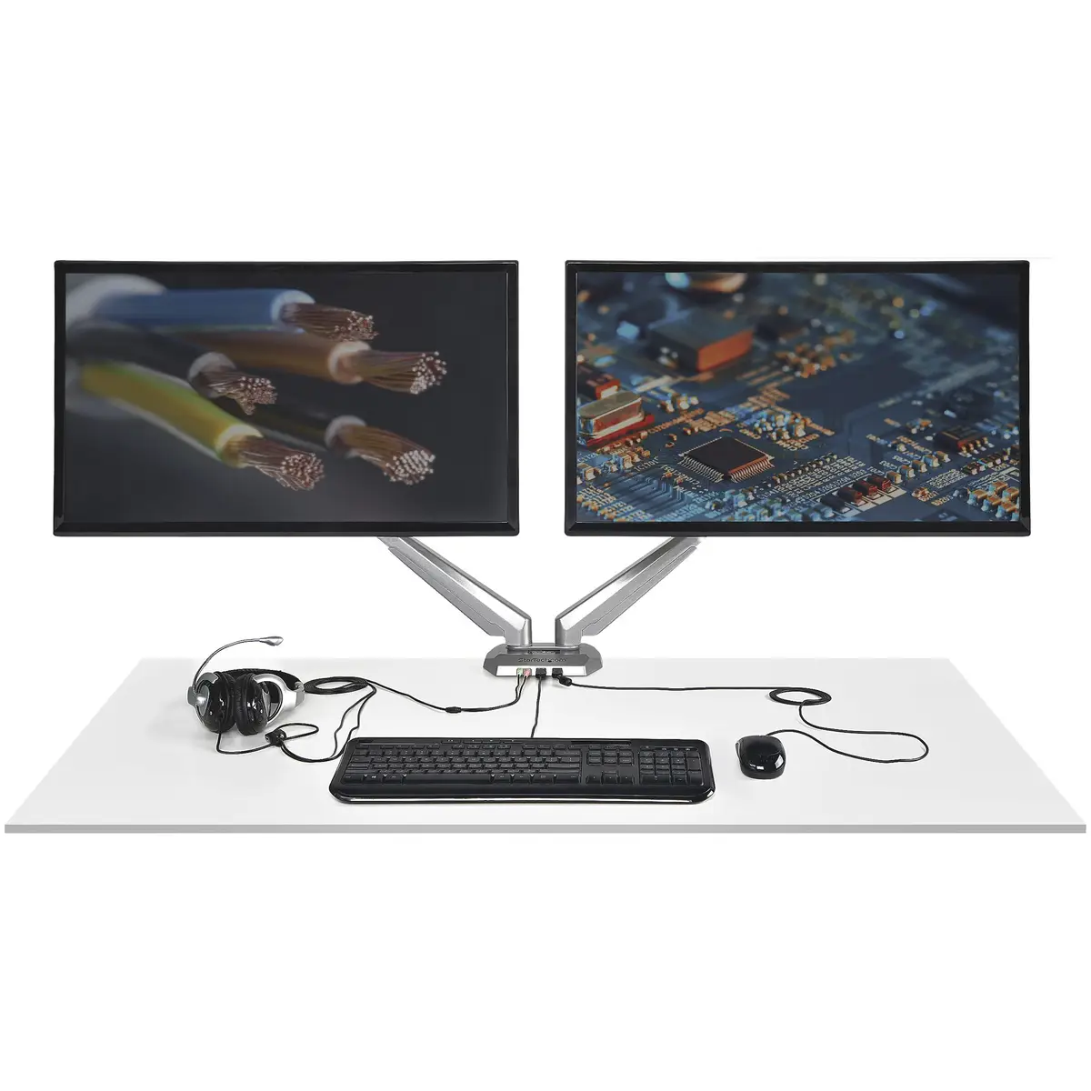 Doppel Monitorarm mit Schreibtischmontage Eingebaute USB und Audio Anschlüsse