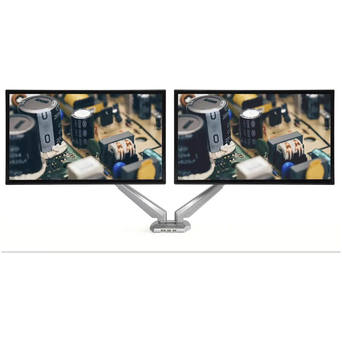 Doppel Monitorarm mit Schreibtischmontage Eingebaute USB und Audio Anschlüsse