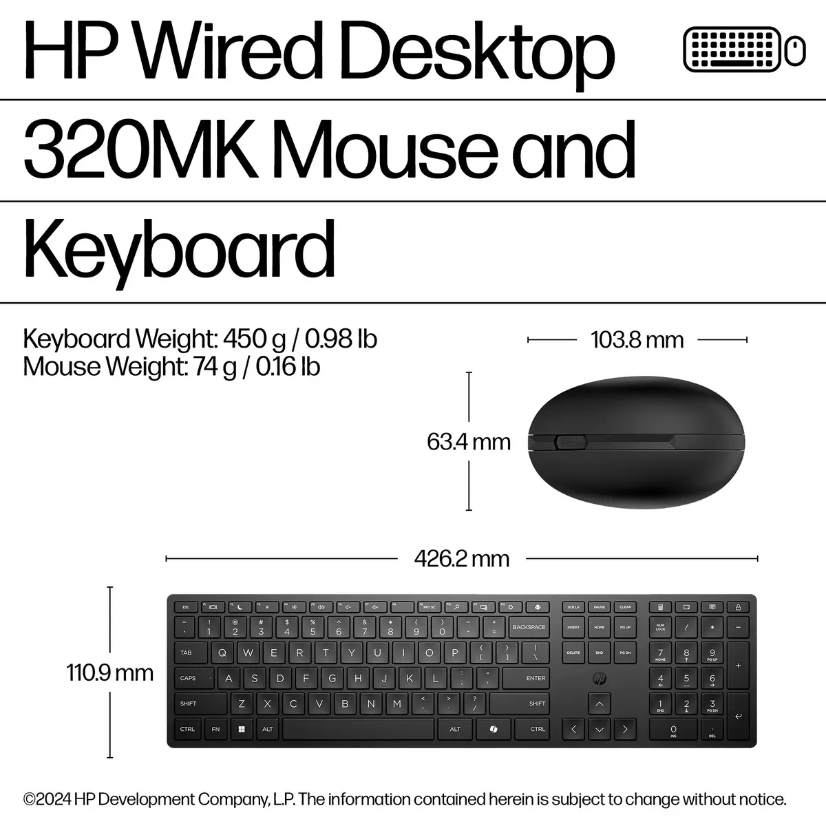 Wired Desktop 320MK Maus und Tastatur, Volle Größe (100%), Kabelgebunden, USB, Schwarz, Maus enthalten