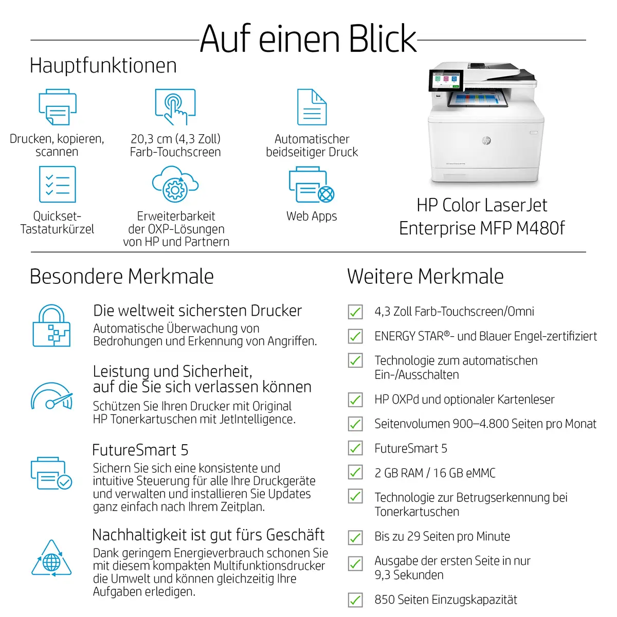 LaserJet Enterprise M480f A4 All-in-One Drucker/Scanner/Kopieren/Fax Farblaserdrucker Duplex