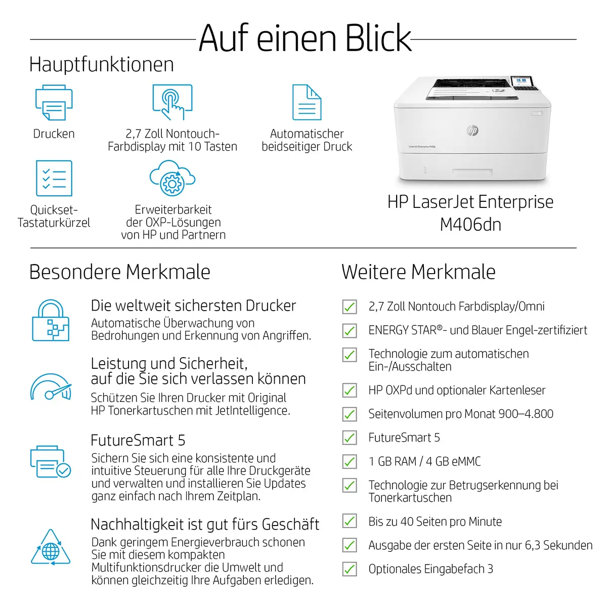 LaserJet Enterprise M406dn A4 s/w Laserdrucker 1200x1200dpi 40ppm Duplex