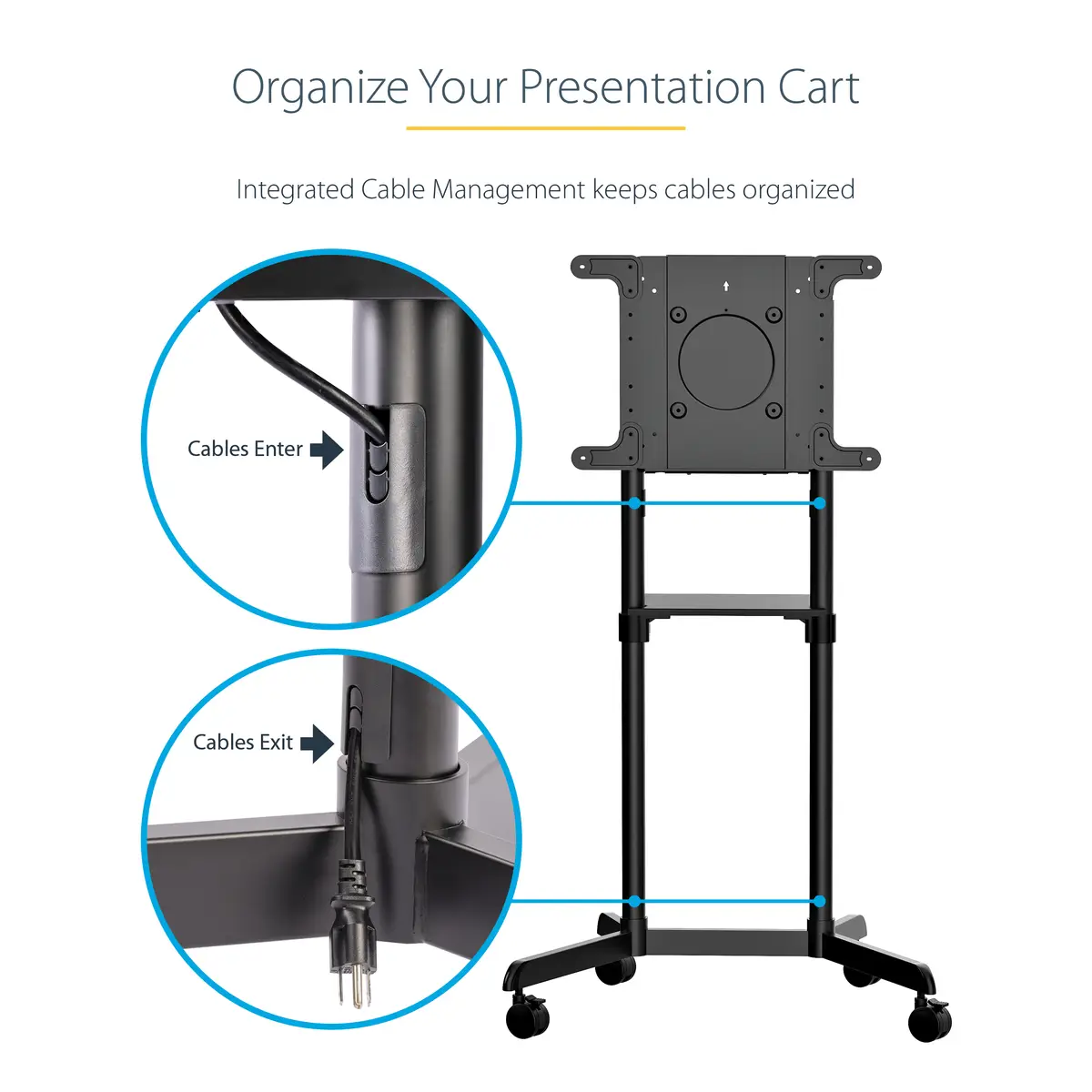 StarTech Mobiler TV-Wagen Tragbarer rollender TV-Ständer für 93,98-177,8cm (37-70") mit Regal und Ablagefach