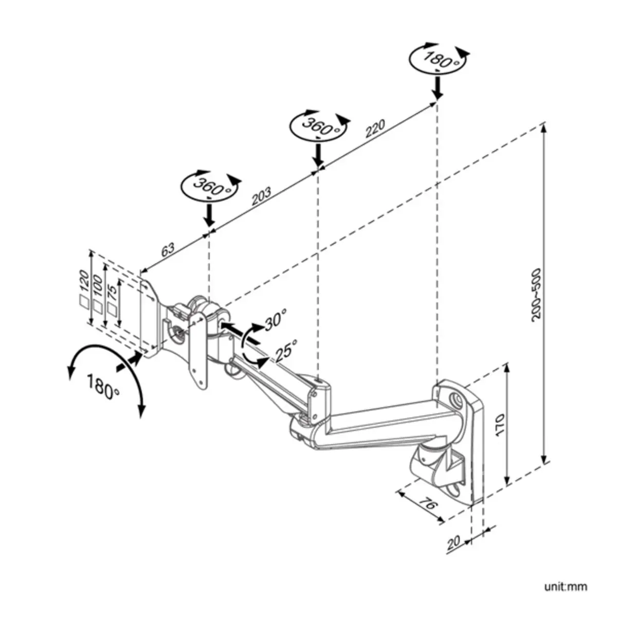 LCD-Arm Gasfeder Wandmontage Pivot
