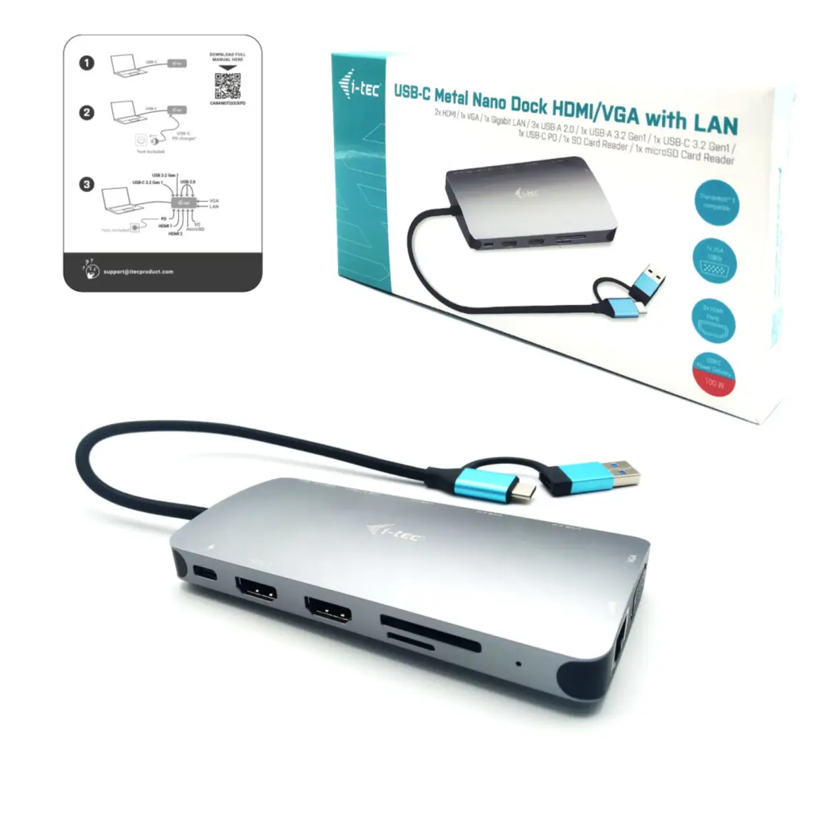 i-tec Nano Dock Dockingstation USB 3.0 / USB4 / Thunderbolt 4 VGA 2 x HDMI GigE