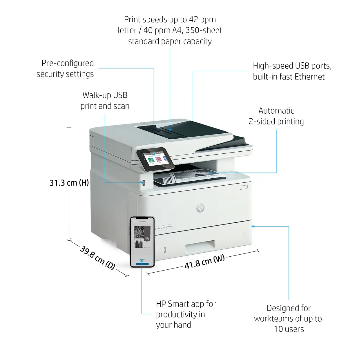 LaserJet Pro MFP 4102fdn Multifunktionsdrucker Laser s/w bis zu 38 Seiten/Min. (Kopieren) bis zu 40 Seiten/Min. (Drucken) 350 Blatt USB USB 2.0 Gigabit LAN USB-Host