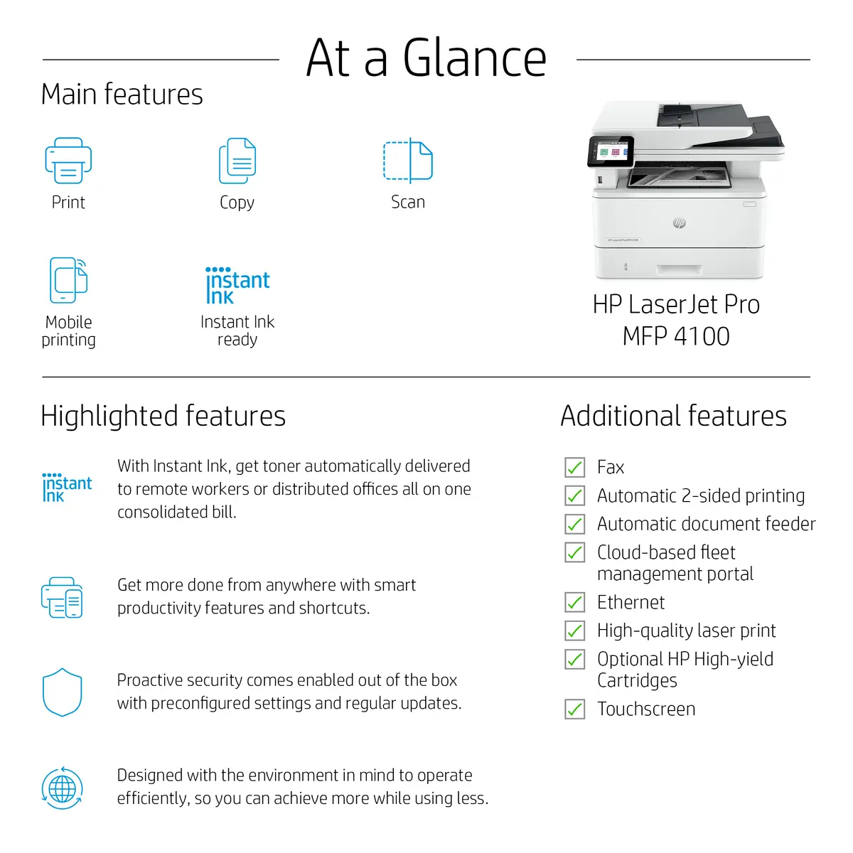 LaserJet Pro MFP 4102fdn Multifunktionsdrucker Laser s/w bis zu 38 Seiten/Min. (Kopieren) bis zu 40 Seiten/Min. (Drucken) 350 Blatt USB USB 2.0 Gigabit LAN USB-Host