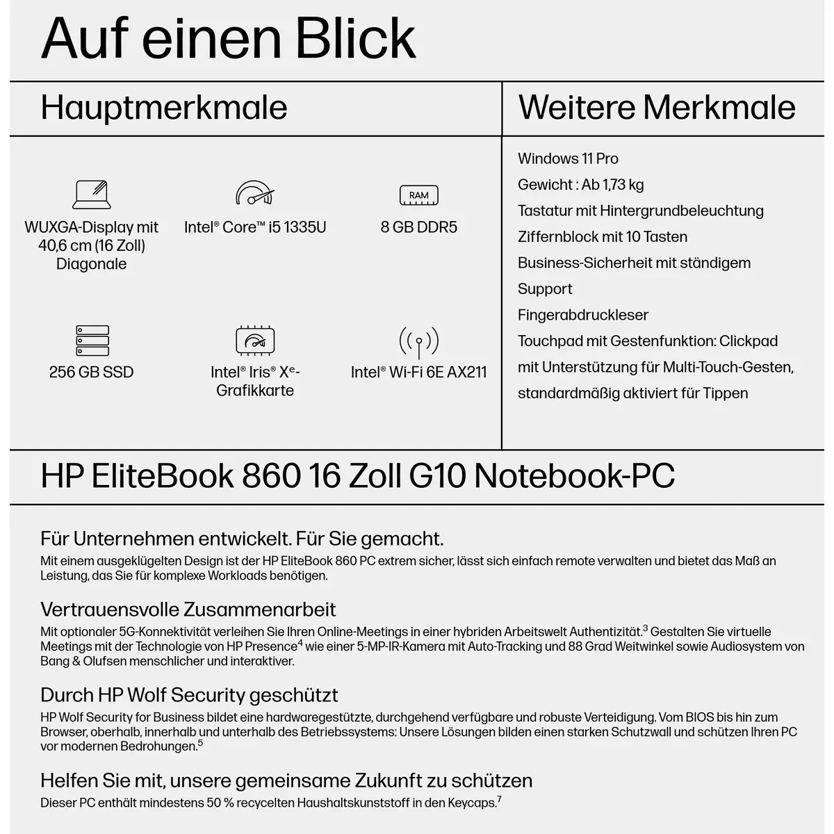 EliteBook 860 G10 i5-1335U 8GB 256GB 40,6cm W11P
