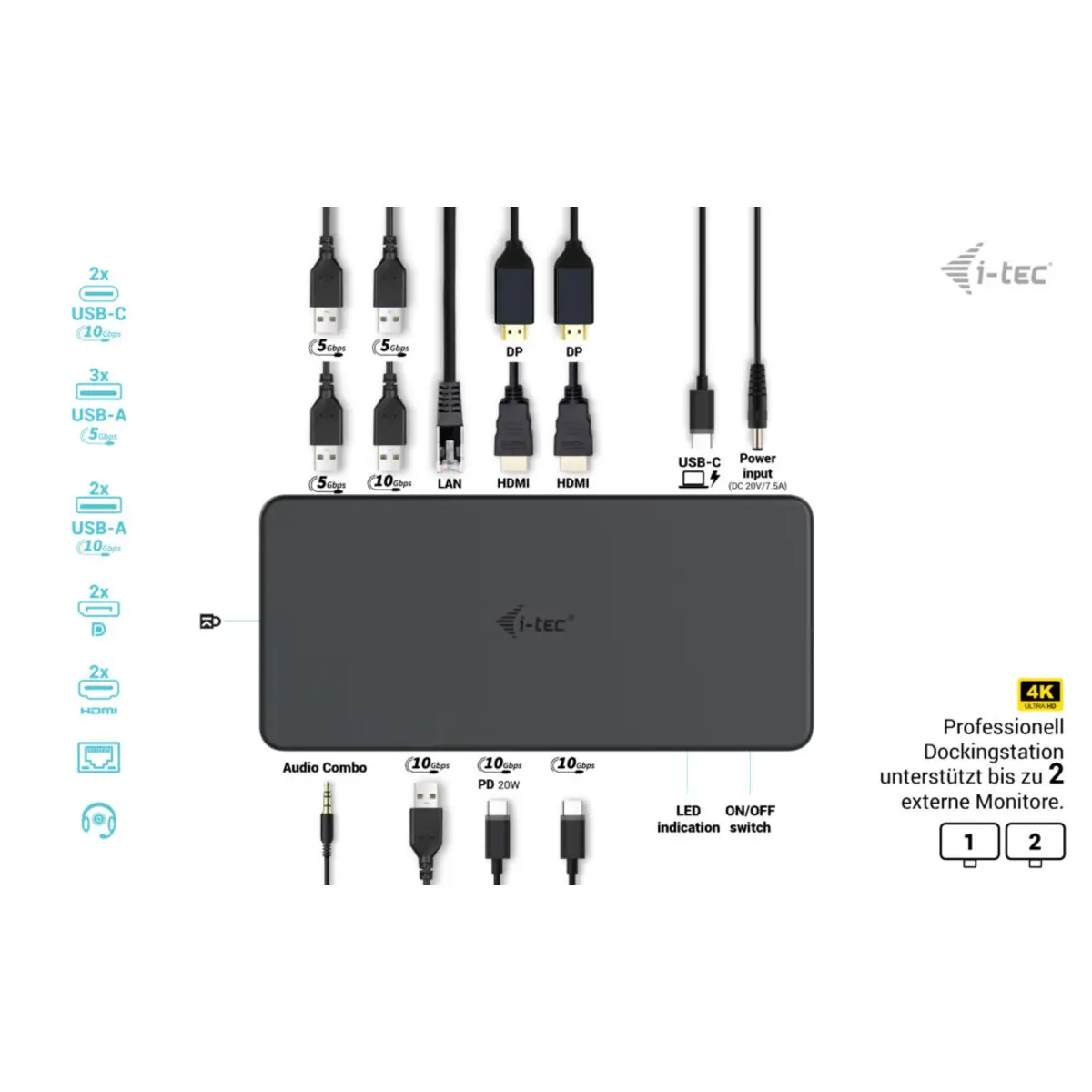 I-TEC USB 3.0 USB-C Thunderbolt 3 Professional Dual 4K Display Docking Station Generation 2 + Power Delivery 100W