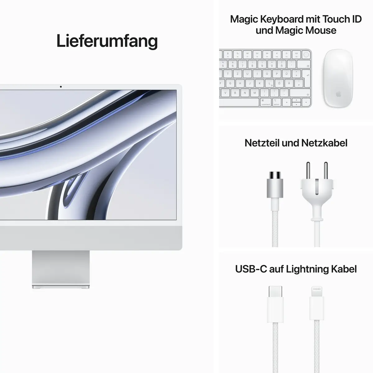 iMac silber mit Retina 4.5k Display Apple M3 8C 61cm (24") 8 GB RAM 256 GB SSD 8-Core GPU Magic Mouse, Magic Keyboard mit Touch-ID