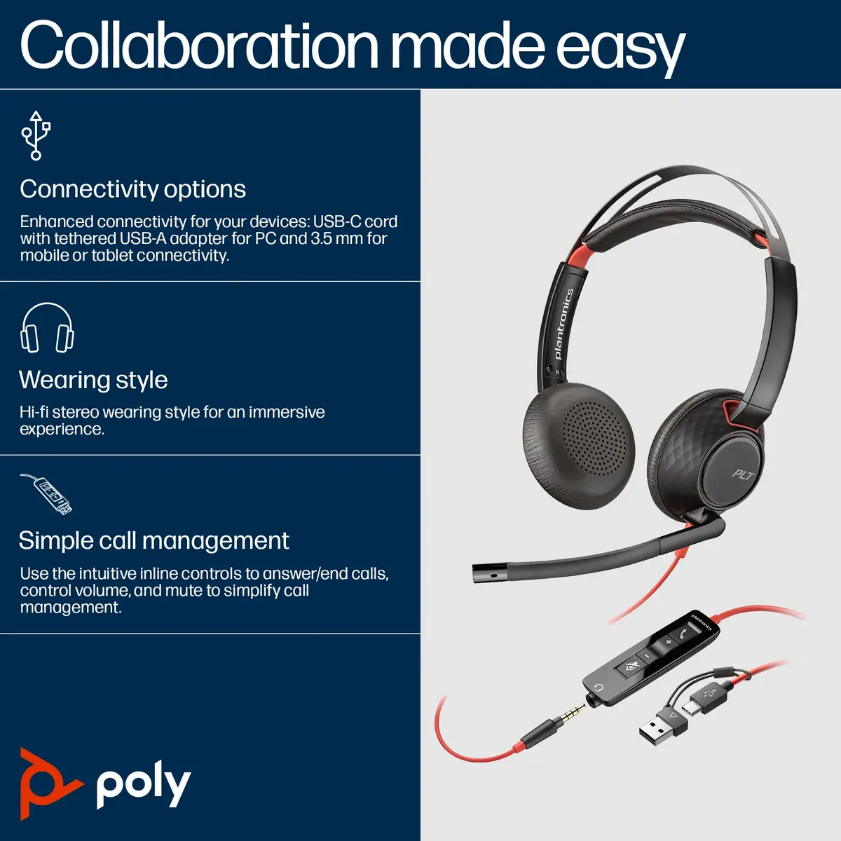 Poly Blackwire 5220 USB-C Headset +3.5mmP +USB-C/A