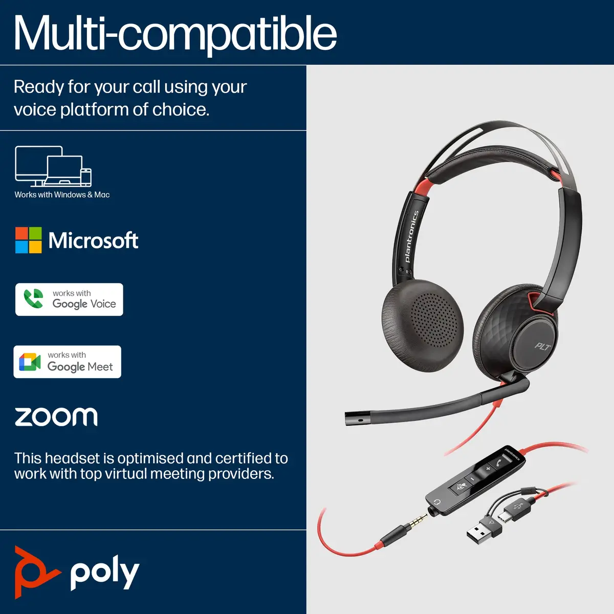 Poly Blackwire 5220 USB-C Headset +3.5mmP +USB-C/A