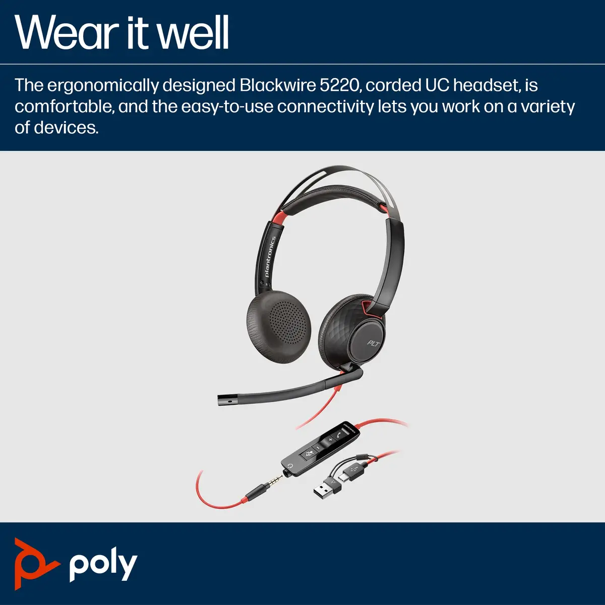 Poly Blackwire 5220 USB-C Headset +3.5mmP +USB-C/A