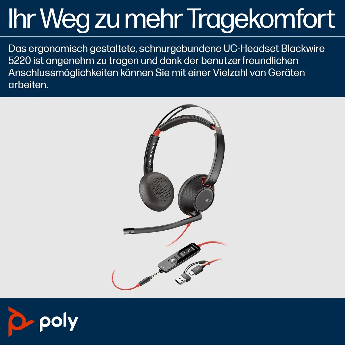 Poly Blackwire 5220 USB-C Headset +3.5mmP +USB-C/A