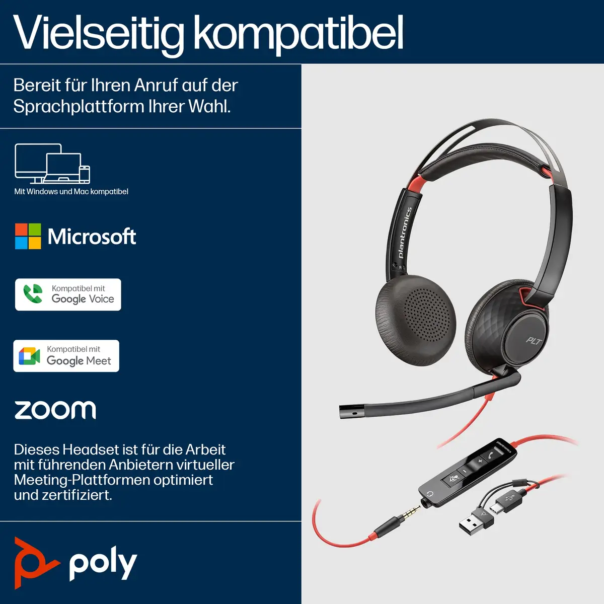 Poly Blackwire 5220 USB-C Headset +3.5mmP +USB-C/A