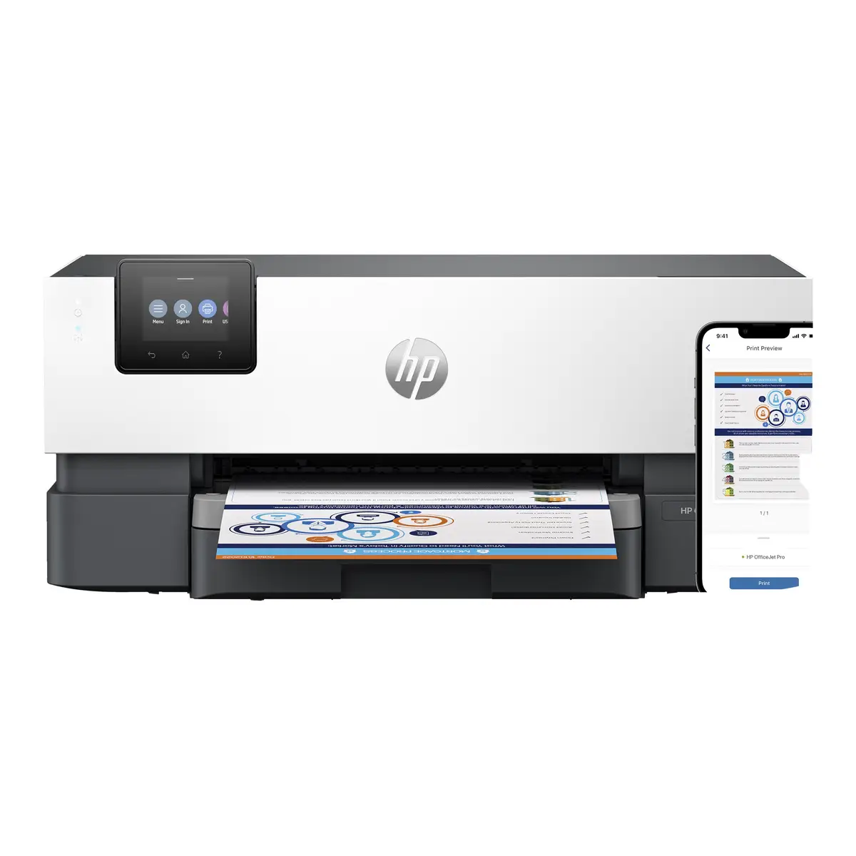 Officejet Pro 9110b Farbe Duplex Tintenstrahl A4/Legal 1200 x 1200 dp- bis zu 22 Seiten/Min. (einfarbig)//bis zu 18 Seiten/Min. (Farbe) Kapazität: 250 Blätter USB 2.0 LAN USB 2.0-Host Wi-Fi(ac) Bluetooth 5.0