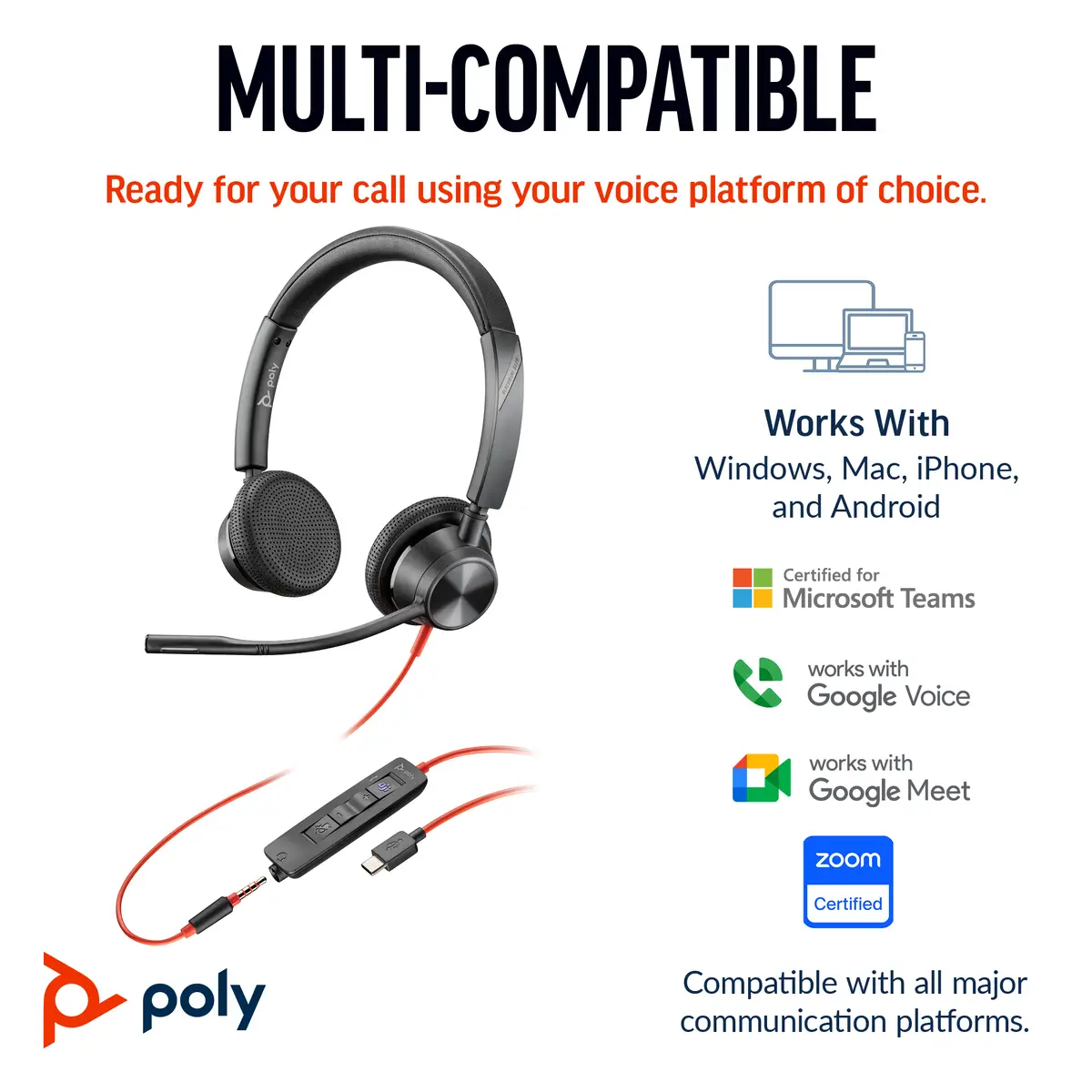 Poly Blackwire 3325 USB-C Headset +3.5mmP +USB-C/A