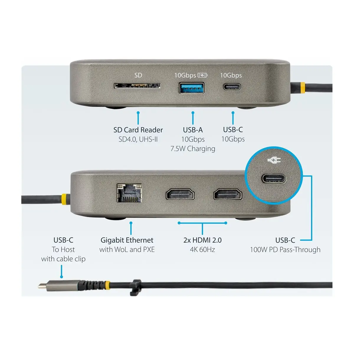 USB-C Multiport Adapter Dual HDMI Video 4K 60Hz 2-Port USB-A/USB-C 10Gbps Hub 100W PD GbE,SD 56cm Kabel Reisedock Dockingstation