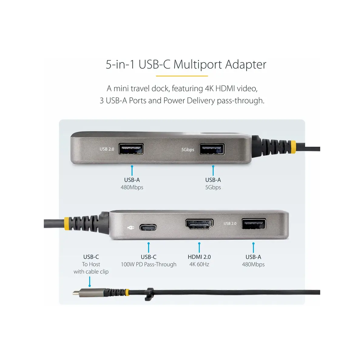 USB-C Multiport Adapter 4K 60Hz HDM mit HDR 3-Port USB Hub 100W Power Delivery Pass-Through USB Typ-C Mini Docking Station Windows/macOS/ChromeOS/iPadOS/Android