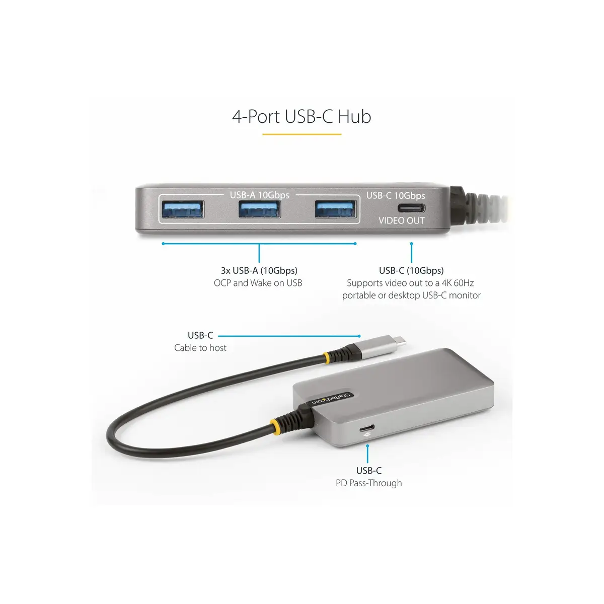4-Port USB-C Hub mit DP Alt Mode Videoausgang 4K 60Hz USB-C auf 3xUSB-A & USB-C 100W Power Delivery USB 3.2 10Gbps 30cm Kabel USBC Verteiler/Splitter USB-C zu USB Tragbarer USB-C Hub